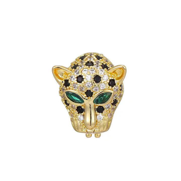 Gold plated leopard head charm with green CZ eyes, black and white CZ spots, for bracelets.