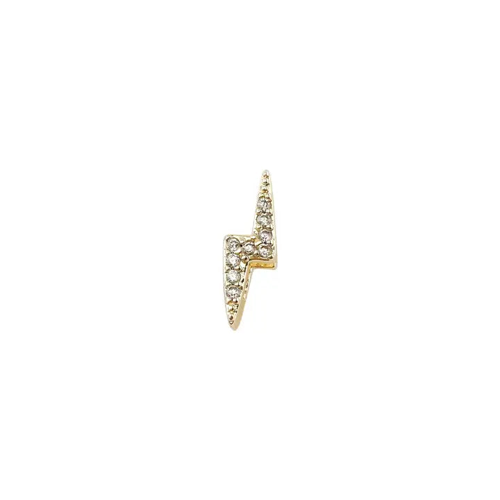 Gold plated slider charm in the shape of a lightning bolt, adorned with clear CZ stones.