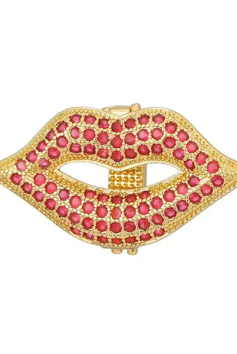 Gold plated slider charm in a kissing lips shape, encrusted with numerous small red cubic zirconia stones.