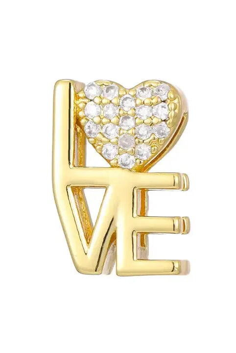 Gold plated 'LOVE' slider charm with a heart encrusted with clear cubic zirconia stones.