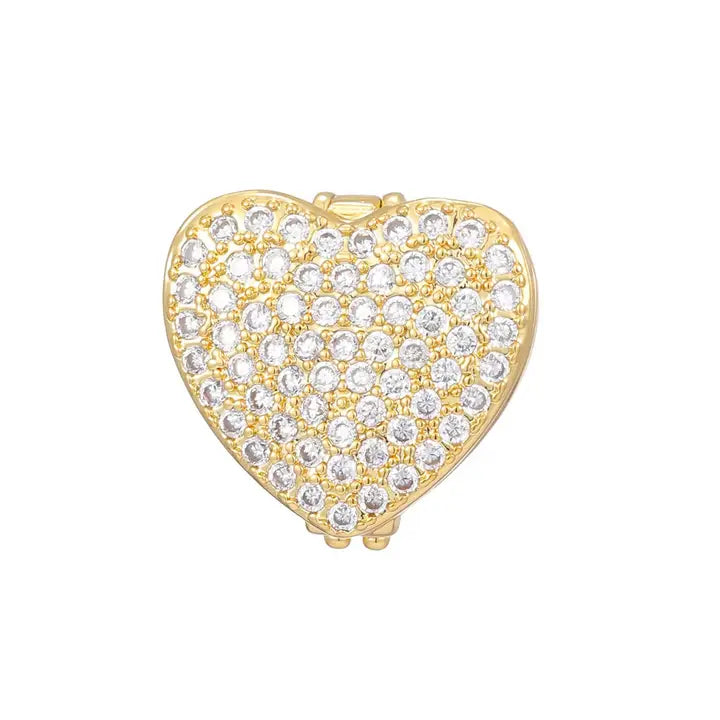 Gold-plated heart-shaped slider charm encrusted with clear cubic zirconia stones, designed for bracelets.