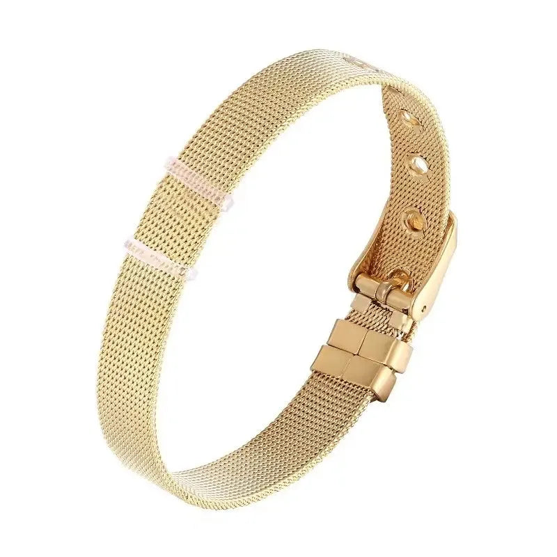 Gold mesh slider bracelet with a secure clasp and adjustable links, perfect for charms.