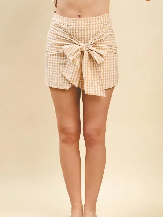 TAUPE GINGHAM PRINT FRONT TIE PENCIL SKIRT PERFECT FOR RUSH - Bottoms