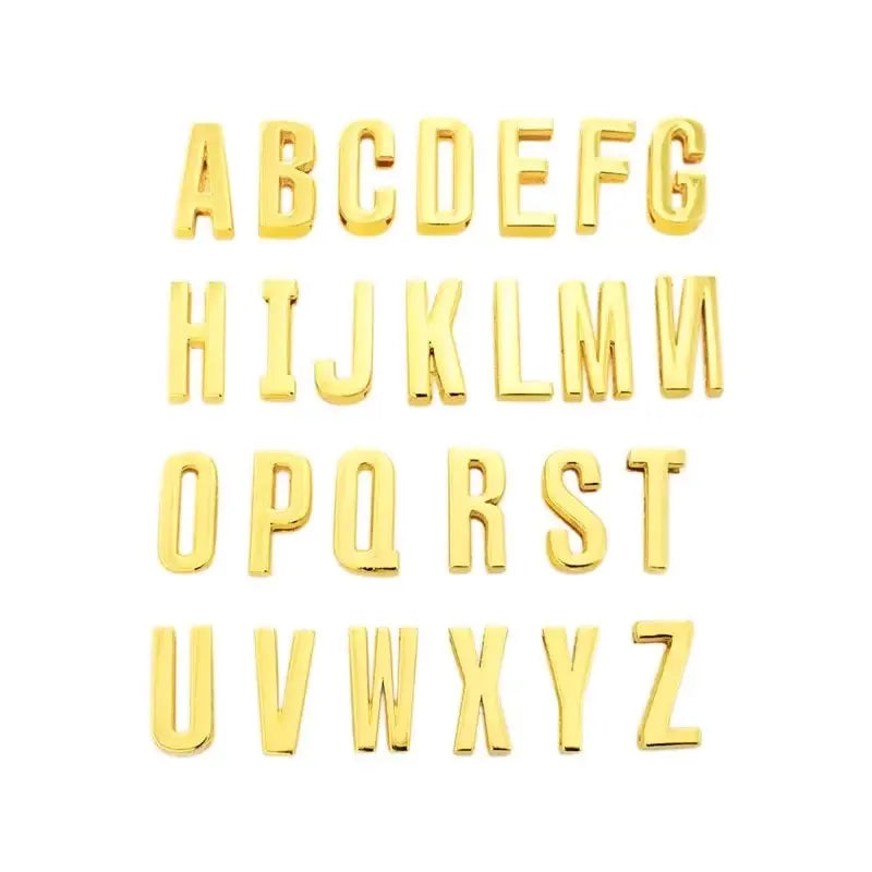 Gold alphabet initial slides for jewelry. A-Z letters, shiny metallic finish.