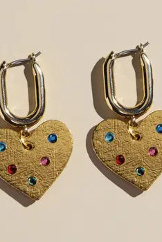 NICKEL & SUEDE VINTAGE GOLD JEWELED QUINN HEARTS EARRINGS - Earrings