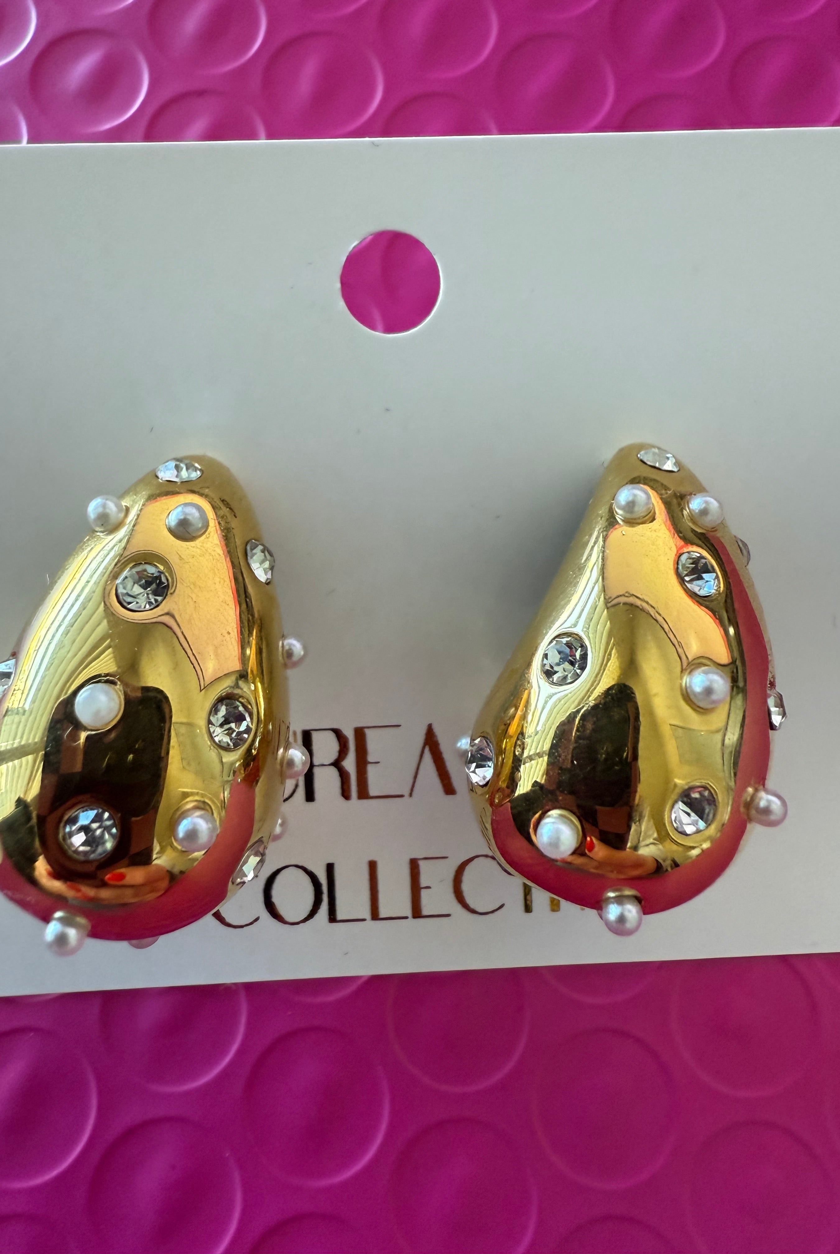 GOLD TEARDROP HOOP EARRINGS WITH PEARKS AND CZ STONES - Earrings