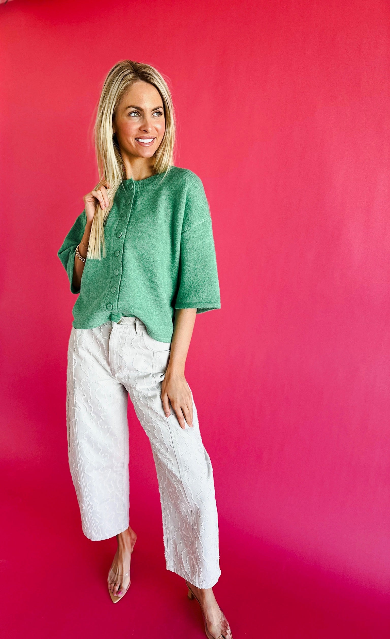 Green Short Sleeve Sweater Cardigan - Tops