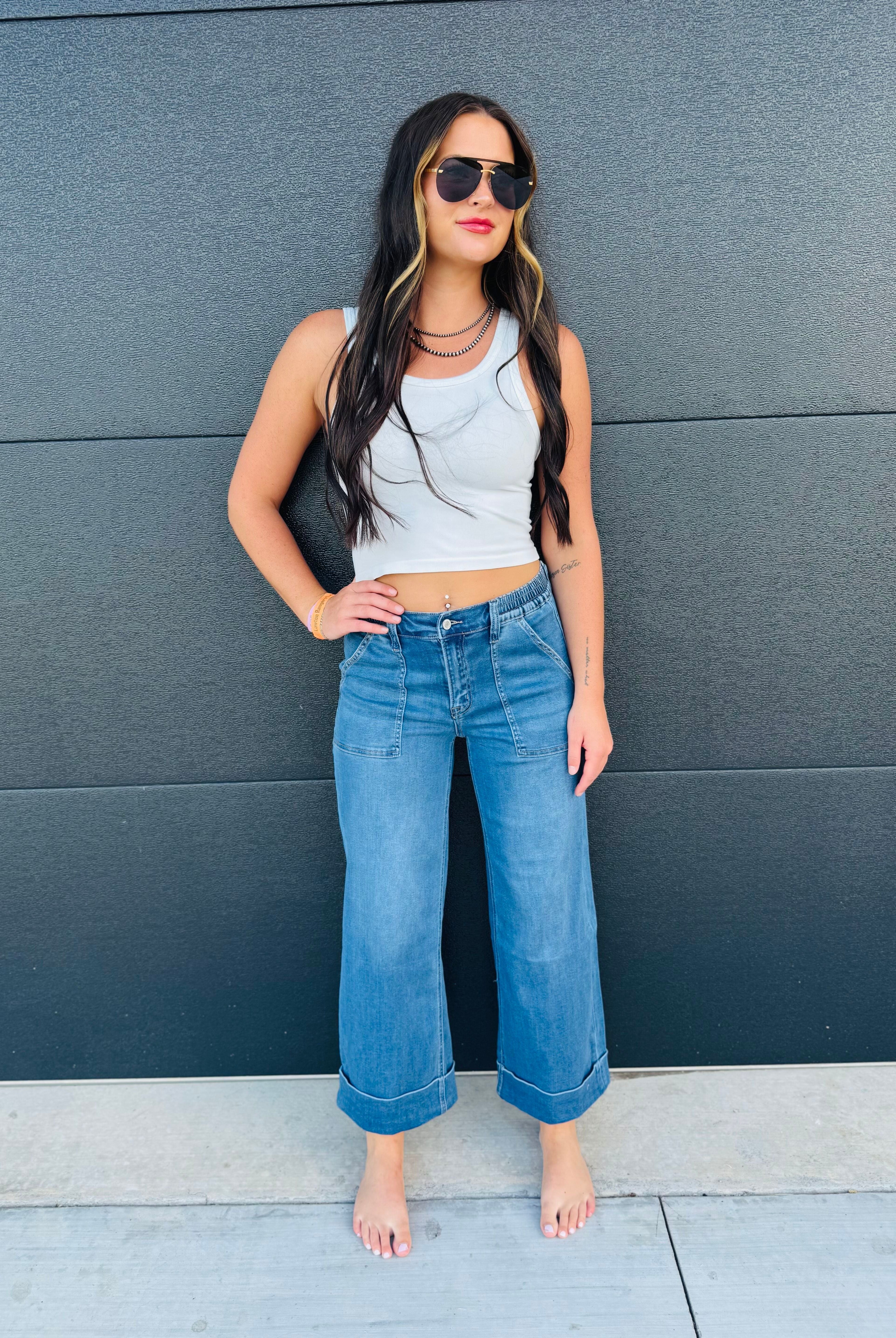 HIGH RISE DOUBLE CUFFED BAGGY WIDE JEANS BY VERVET - Bottoms