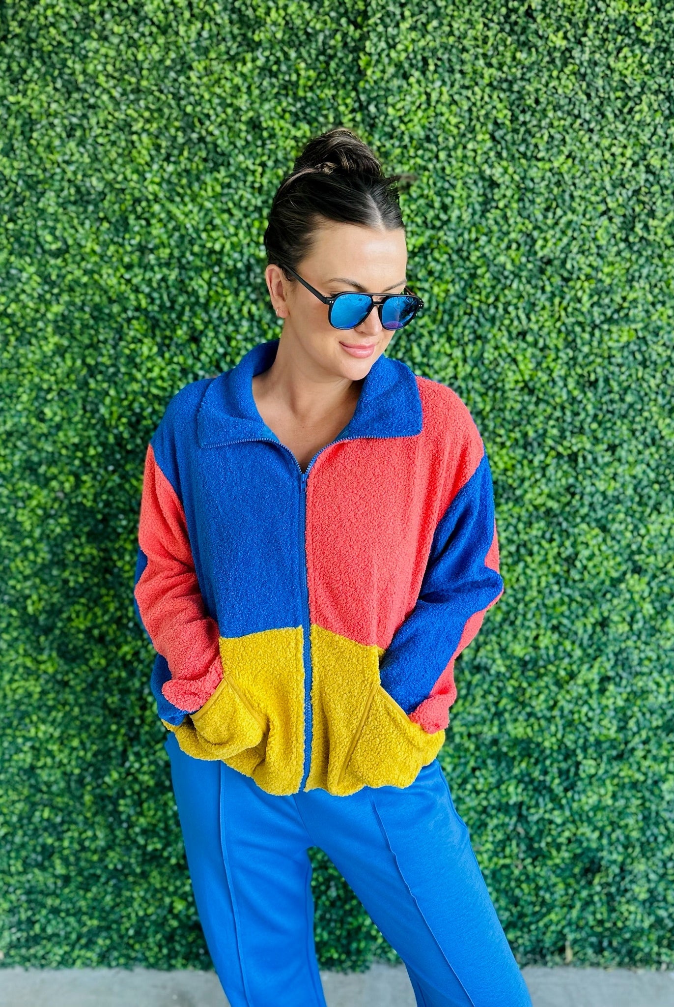 BLUE ORANGE AND GOLD SHERPA COLOR BLOCK ZIP UP JACKET