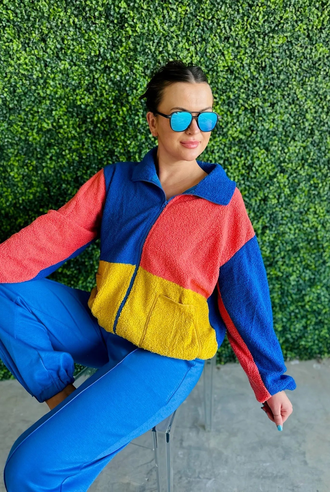 J.anna Sherpa Thunder Color Block Zip-Up Jacket: Women's jacket with color blocks of coral, royal blue, and yellow sherpa