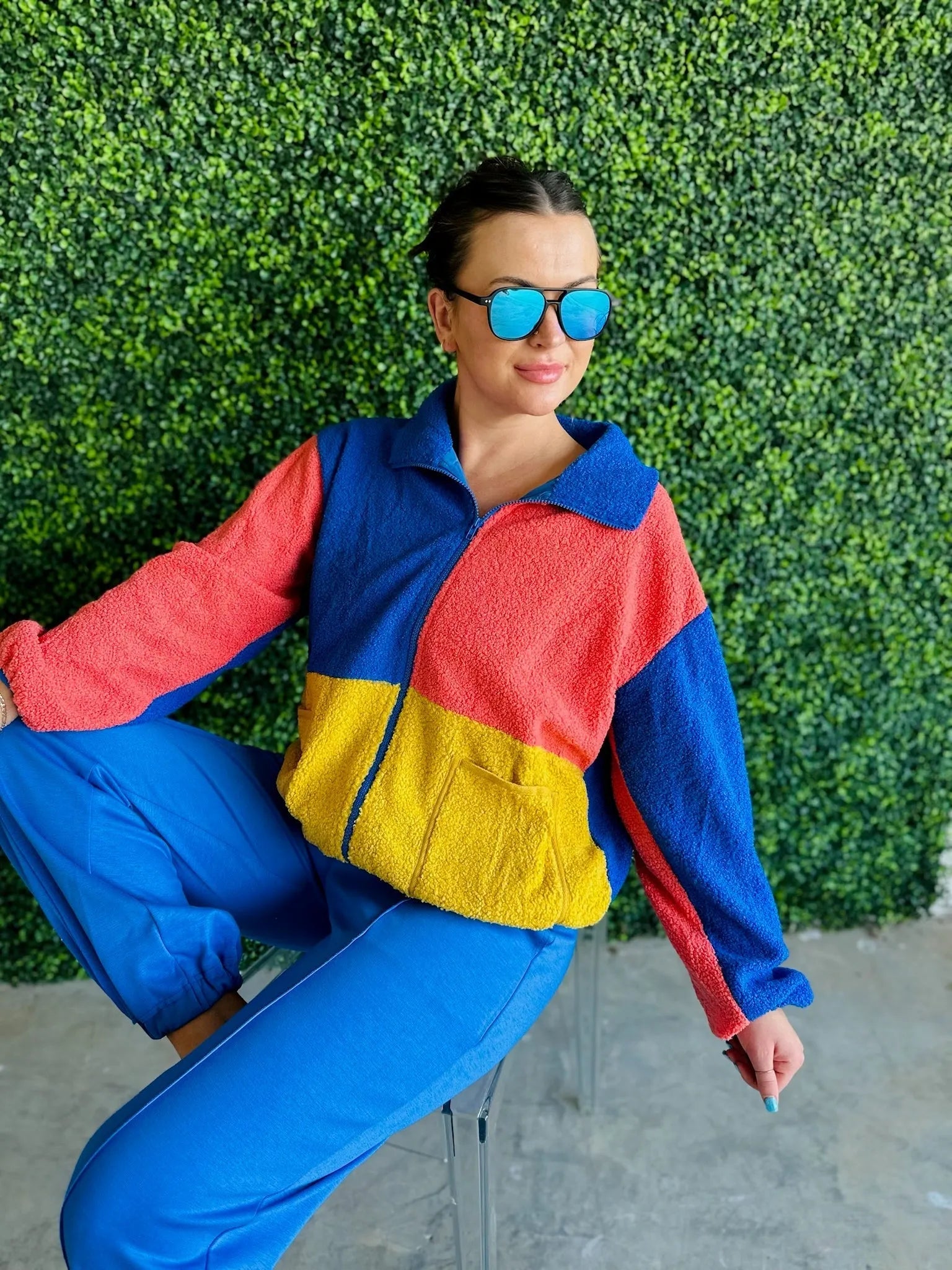 J.anna Sherpa Thunder Color Block Zip-Up Jacket: Women's jacket with color blocks of coral, royal blue, and yellow sherpa