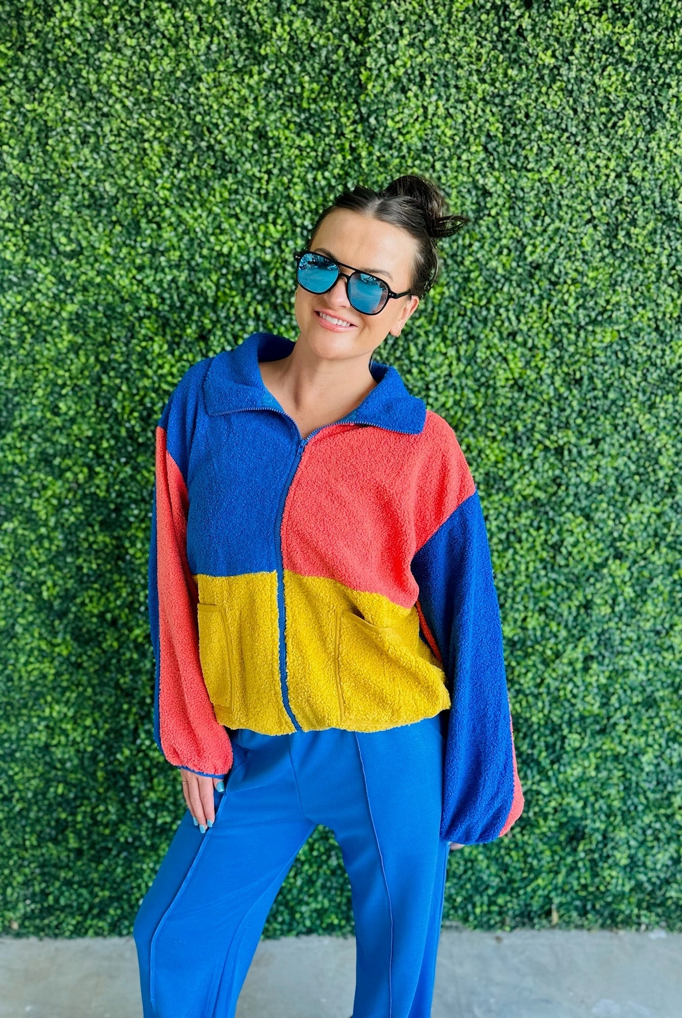 BLUE ORANGE AND GOLD SHERPA COLOR BLOCK ZIP UP JACKET