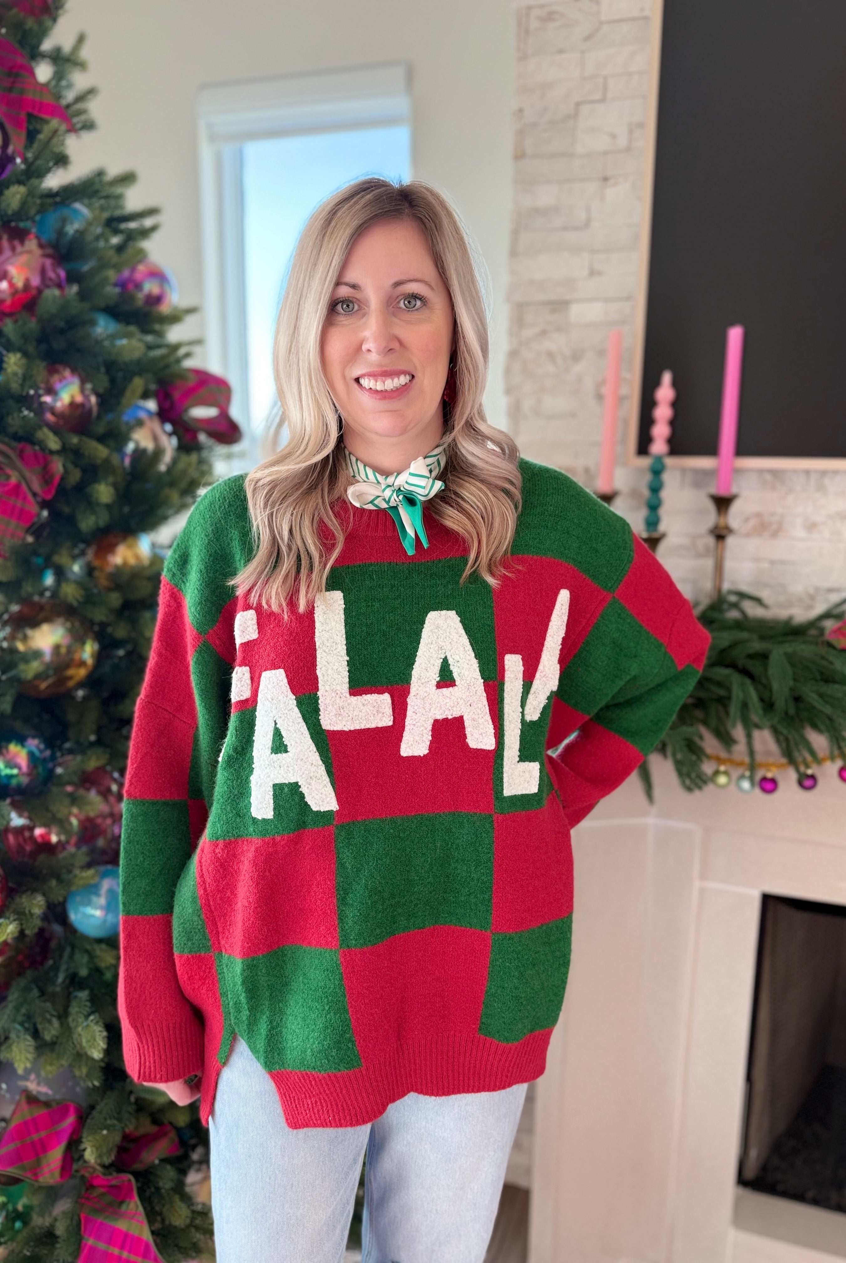 FA-LA-LA RED AND GREEN CHECKERED CHRISTMAS SWEATER - Tops