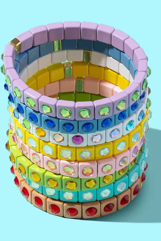 Maeve Enamel Bracelet - Elegant Stretch Bracelet showcasing chic painted enamel with square stone accents, perfect for wearing alone or stacking.