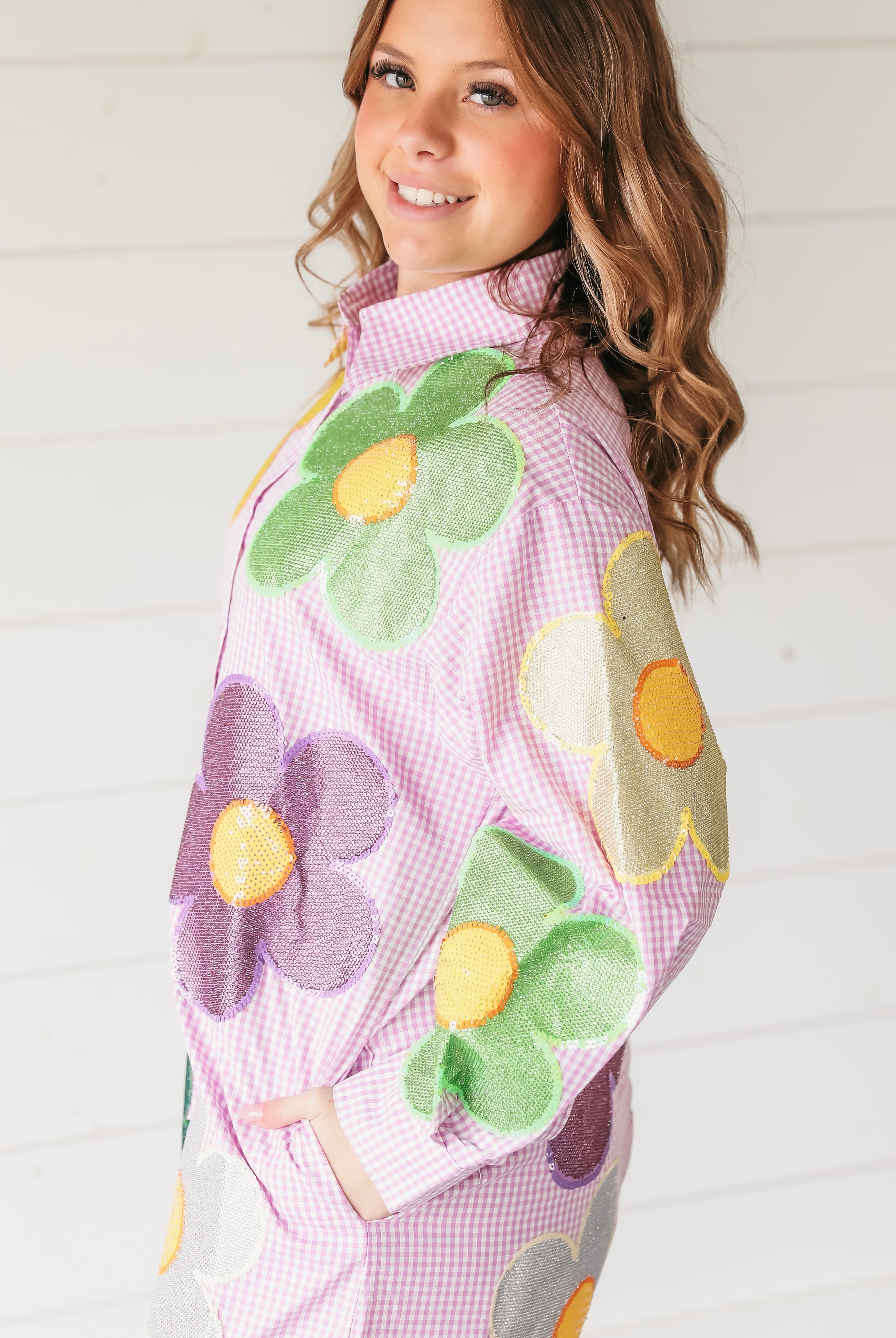 QUEEN OF SPARKLES PURPLE AND WHITE GINGHAM OVERSIZED FLOWER ROMPER MARDI GRAS - Romper