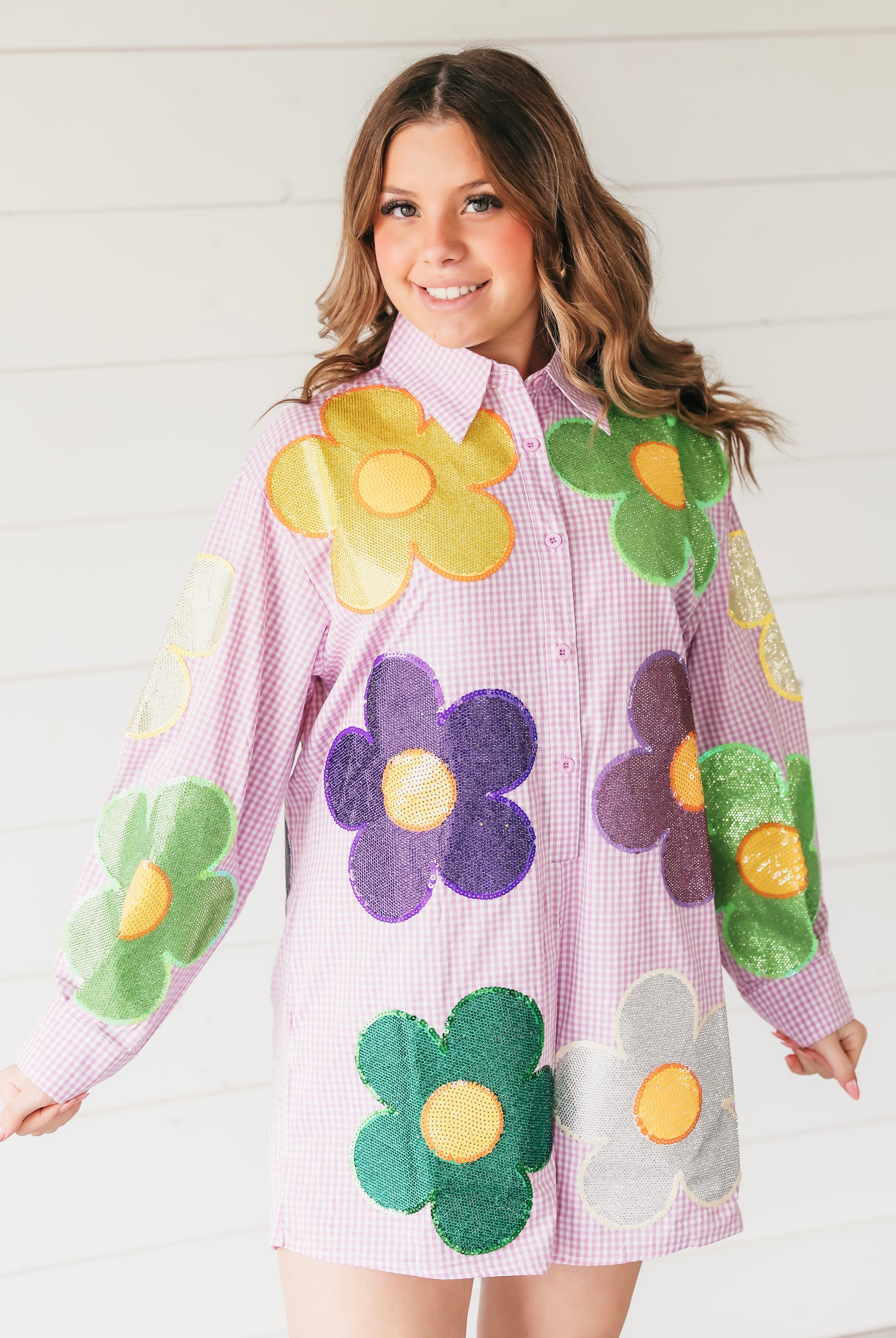 QUEEN OF SPARKLES PURPLE AND WHITE GINGHAM OVERSIZED FLOWER ROMPER MARDI GRAS - Romper