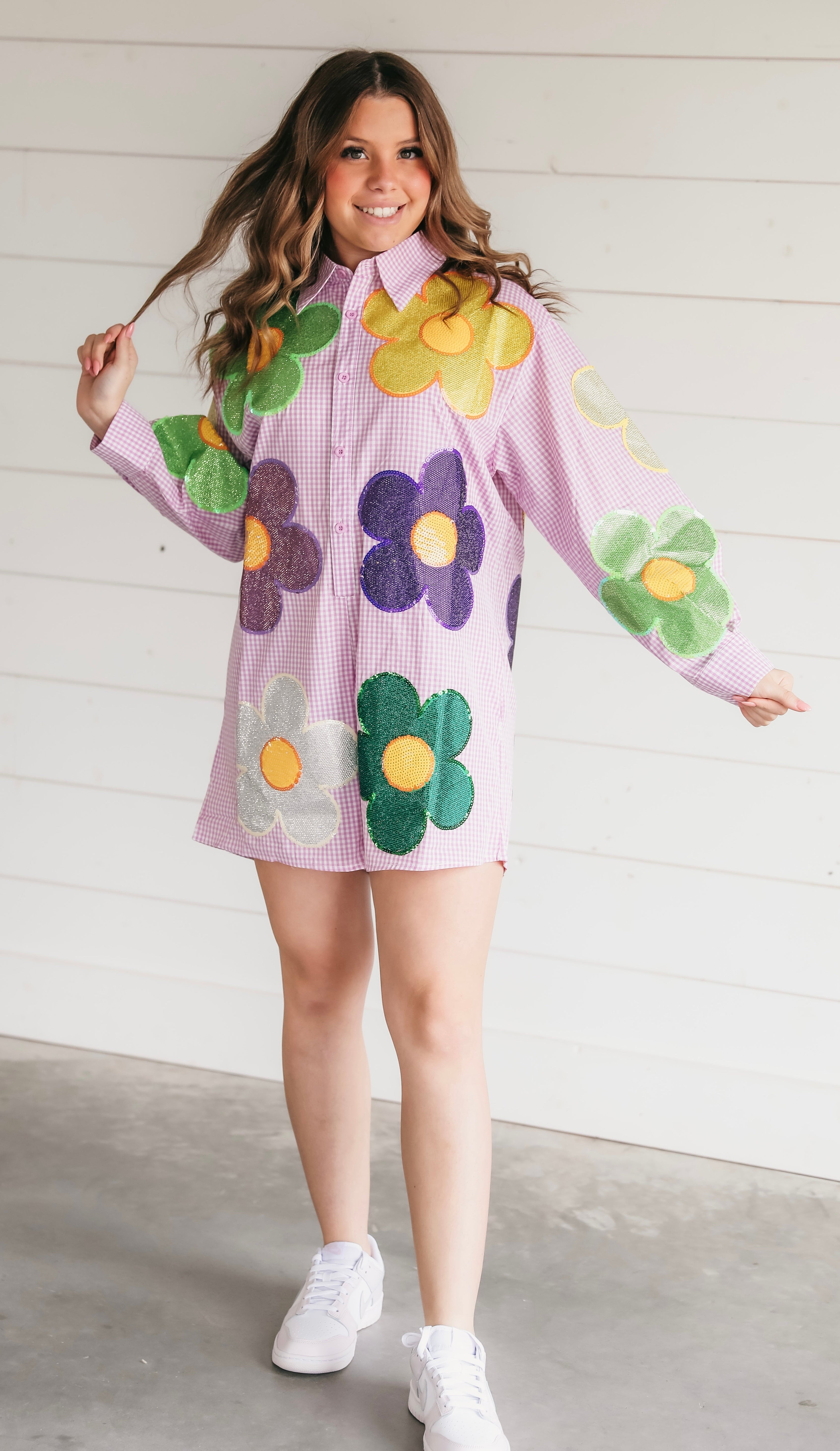 QUEEN OF SPARKLES PURPLE AND WHITE GINGHAM OVERSIZED FLOWER ROMPER MARDI GRAS - Romper