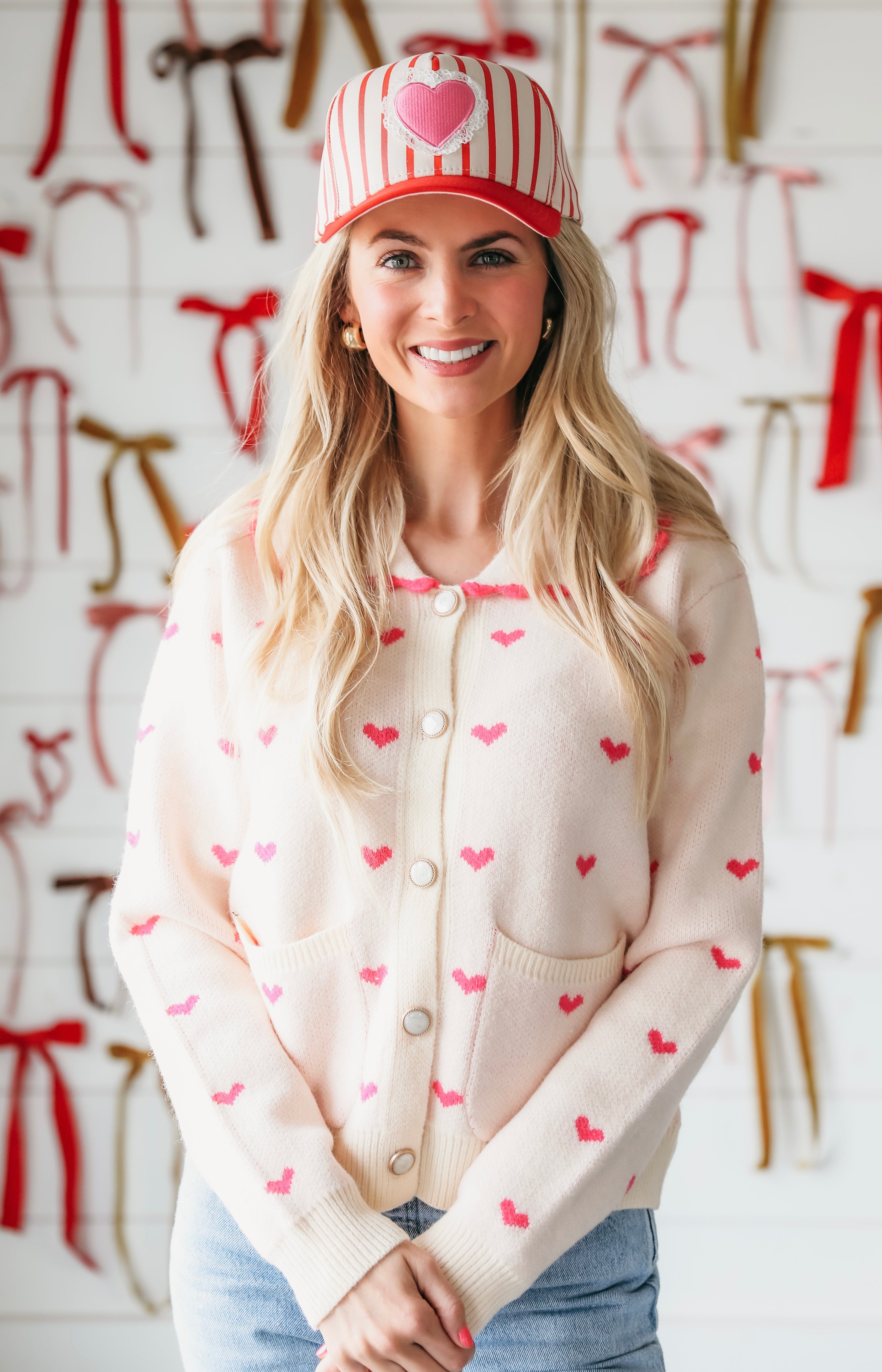 &MERCI CREAM AND PINK HEART KNIT CARDIGAN - Tops