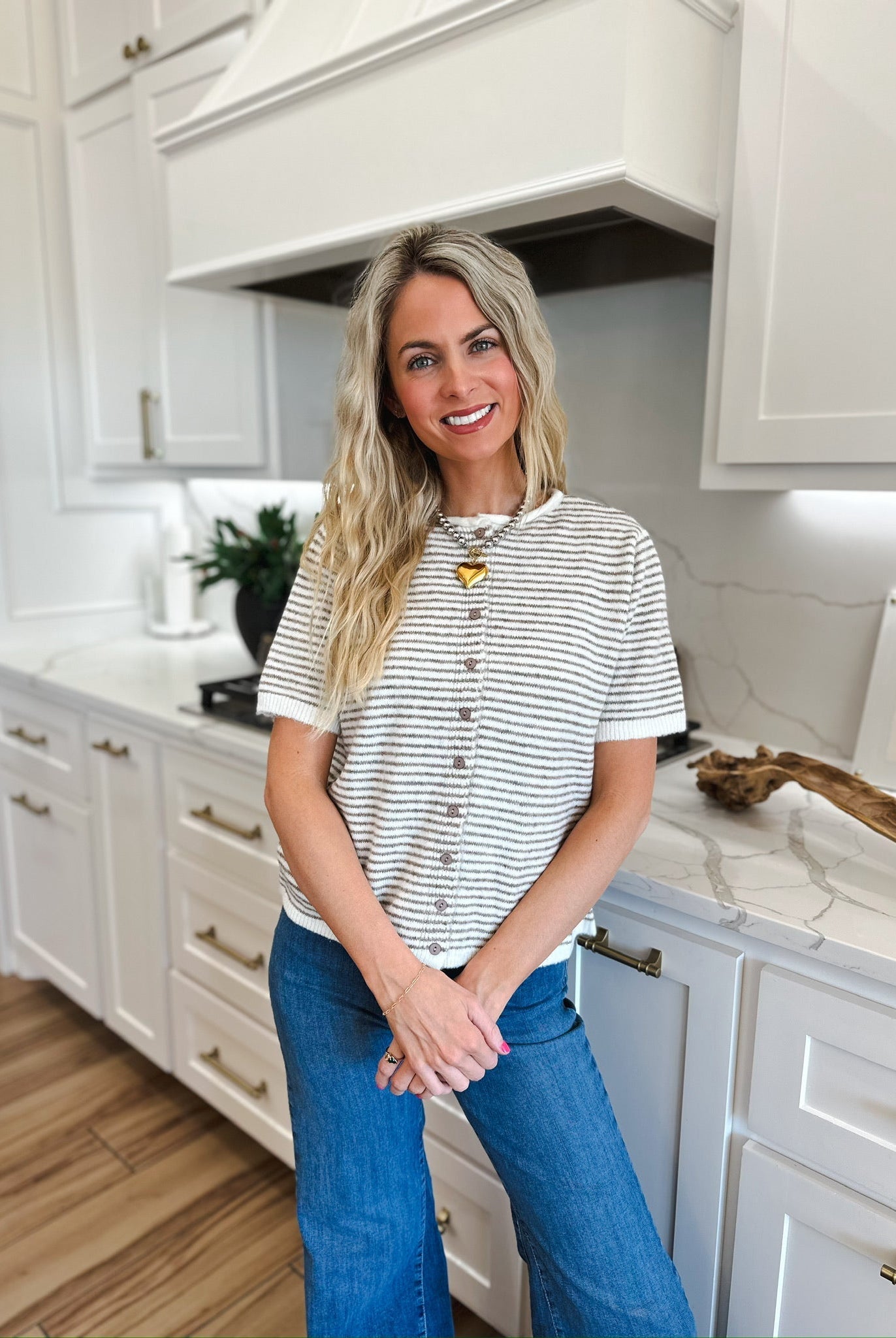 MIMOSA CREAM AND TAN SHORT SLEEVE KNIT BUTTON DOWN TOP - Tops