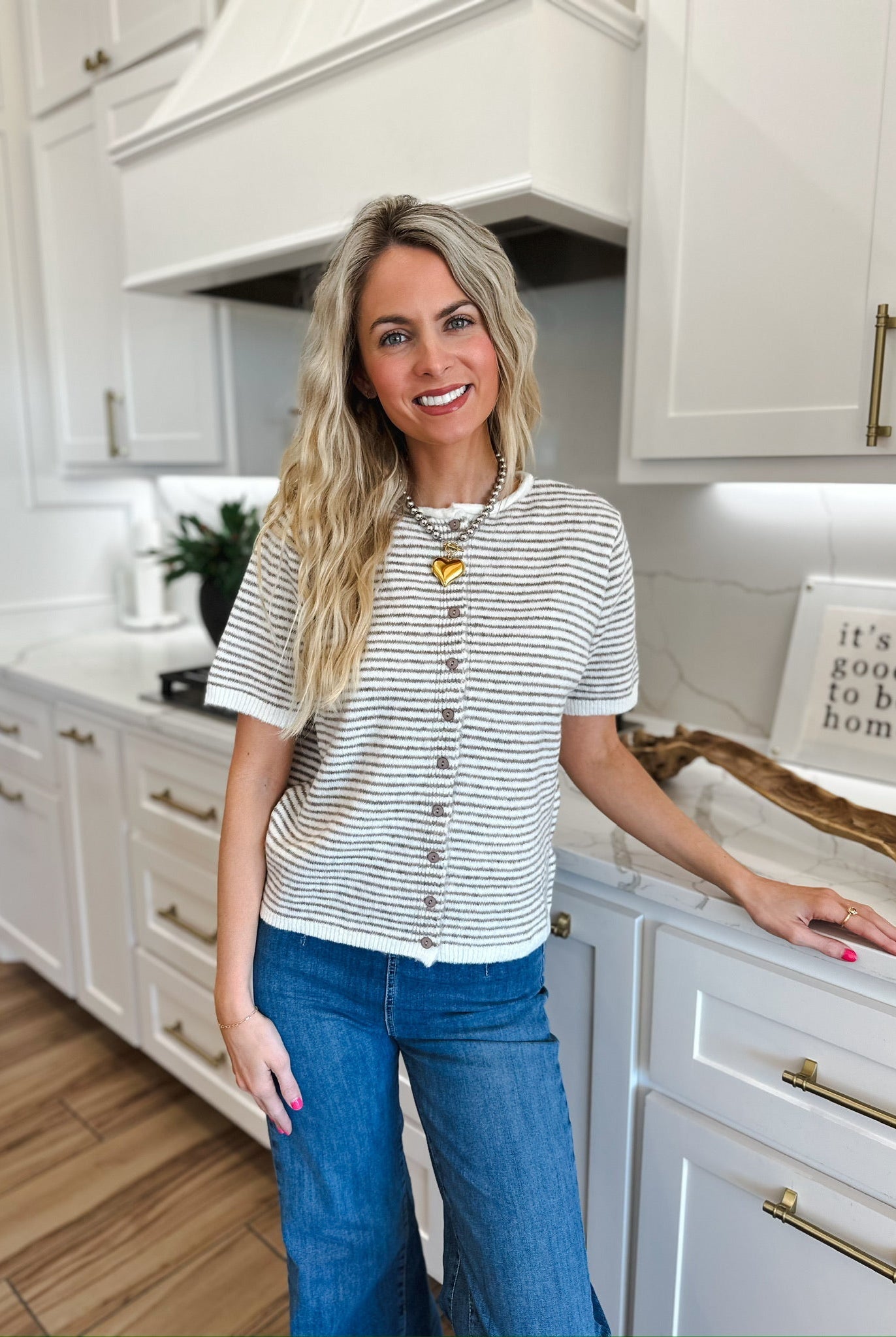 MIMOSA CREAM AND TAN SHORT SLEEVE KNIT BUTTON DOWN TOP - Tops