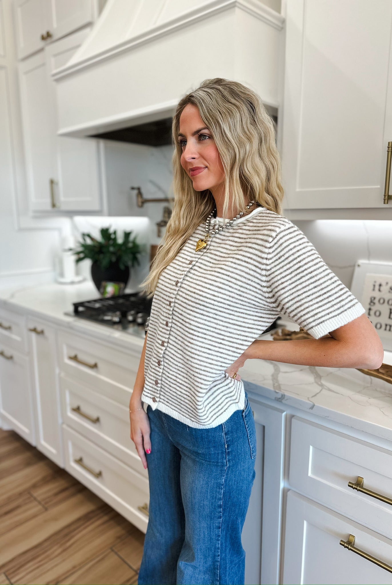 MIMOSA CREAM AND TAN SHORT SLEEVE KNIT BUTTON DOWN TOP - Tops