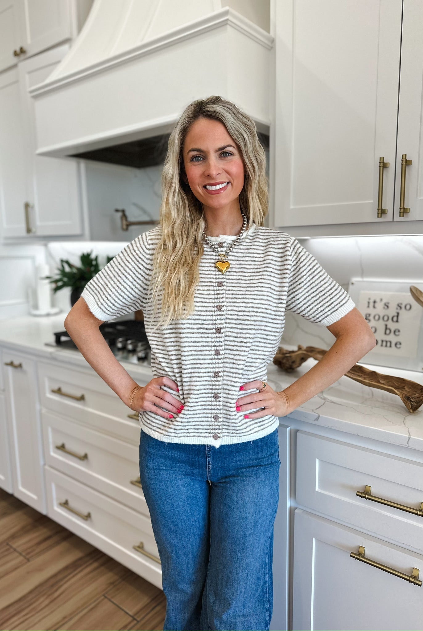 MIMOSA CREAM AND TAN SHORT SLEEVE KNIT BUTTON DOWN TOP - Tops