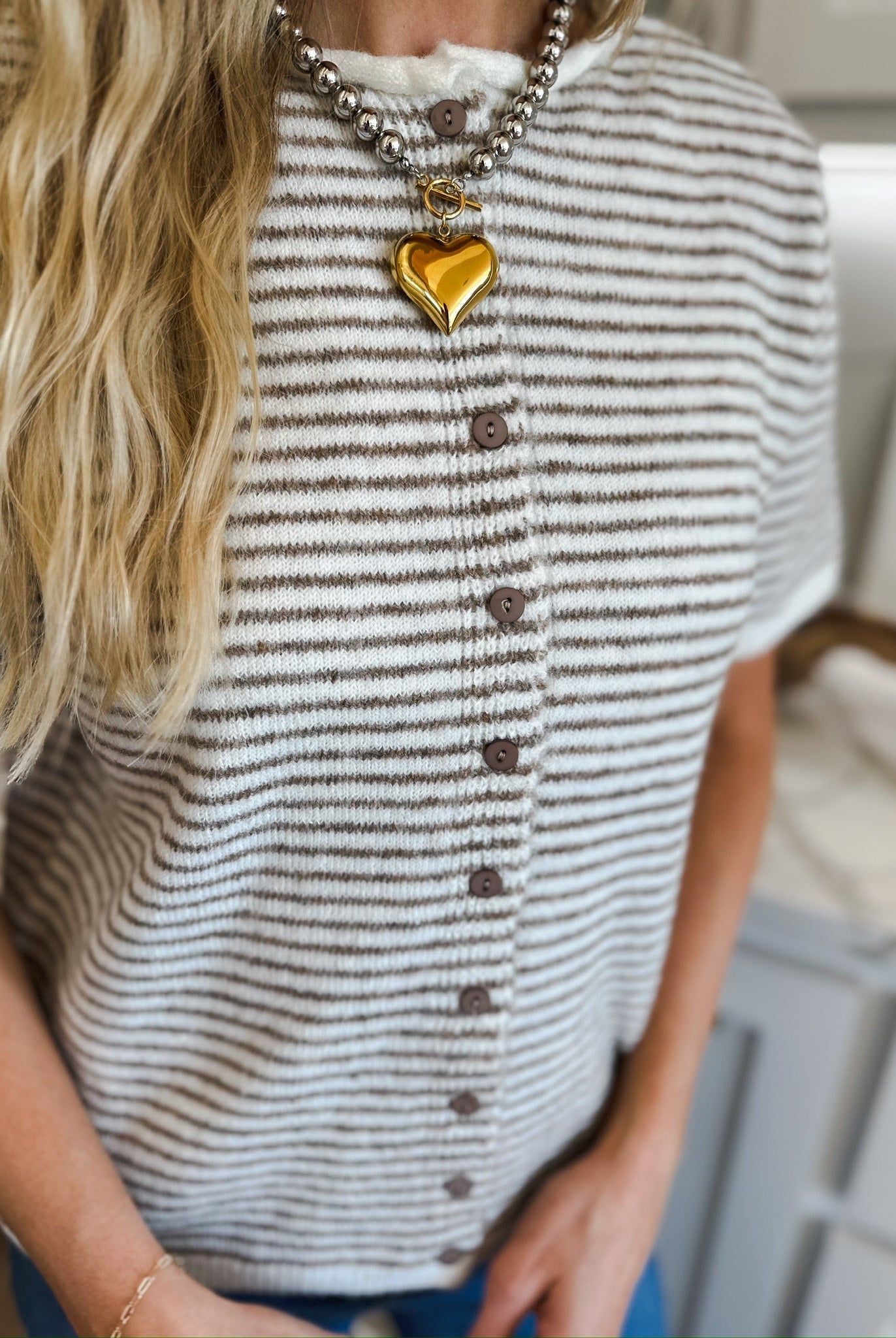 MIMOSA CREAM AND TAN SHORT SLEEVE KNIT BUTTON DOWN TOP - Tops