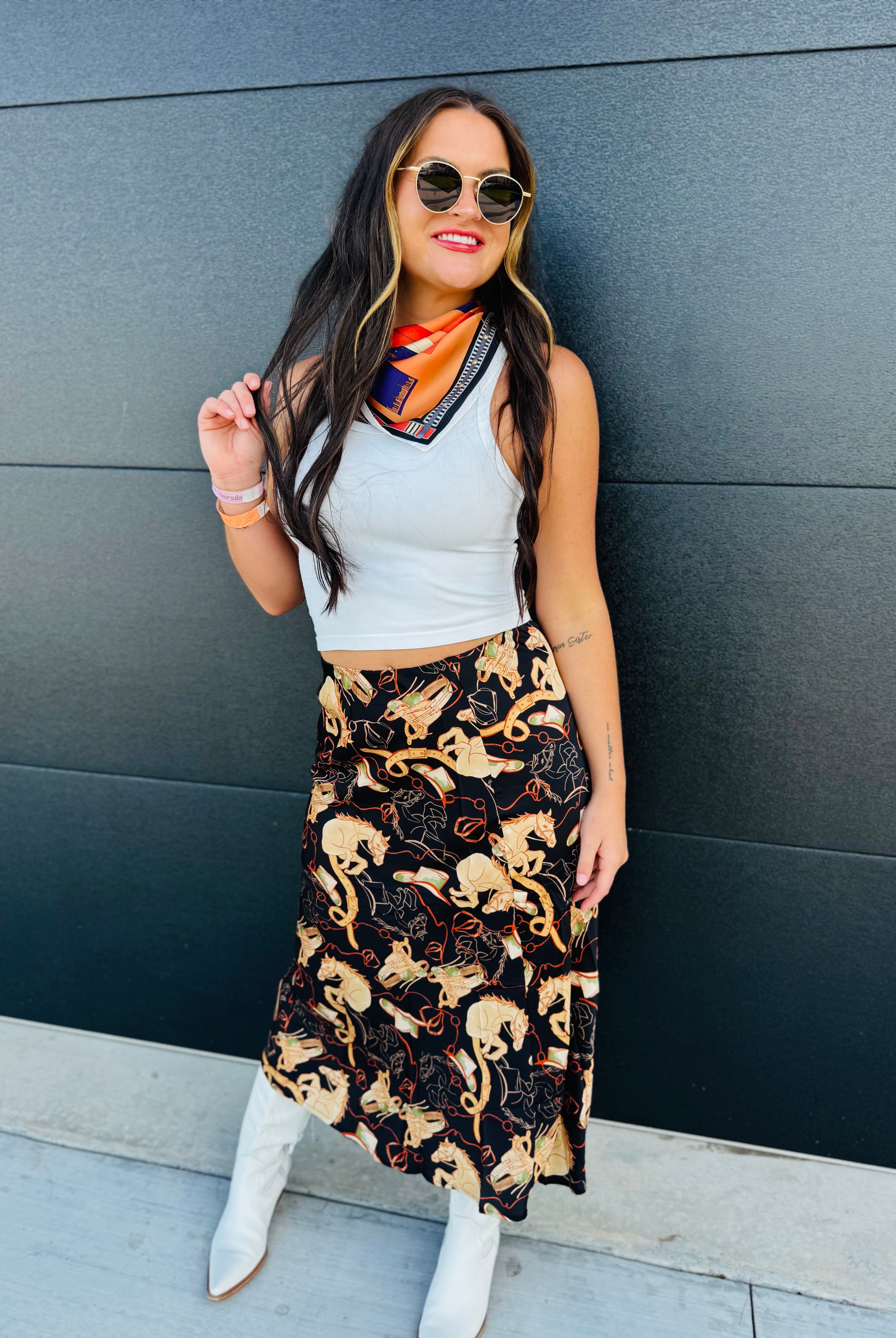 MULTI PRINT BLACK EQUESTRIAN SKIRT - Bottoms