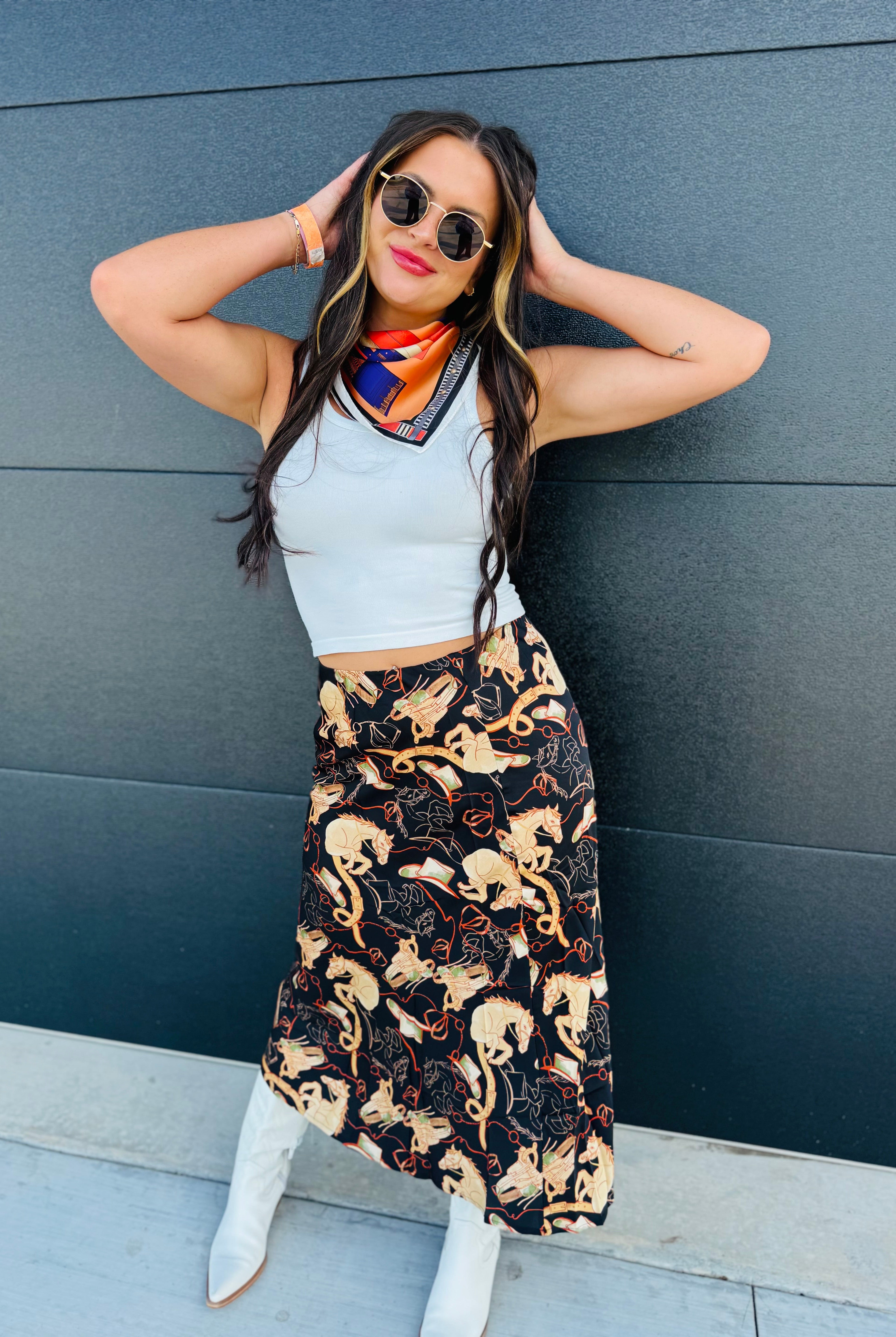 MULTI PRINT BLACK EQUESTRIAN SKIRT - Bottoms