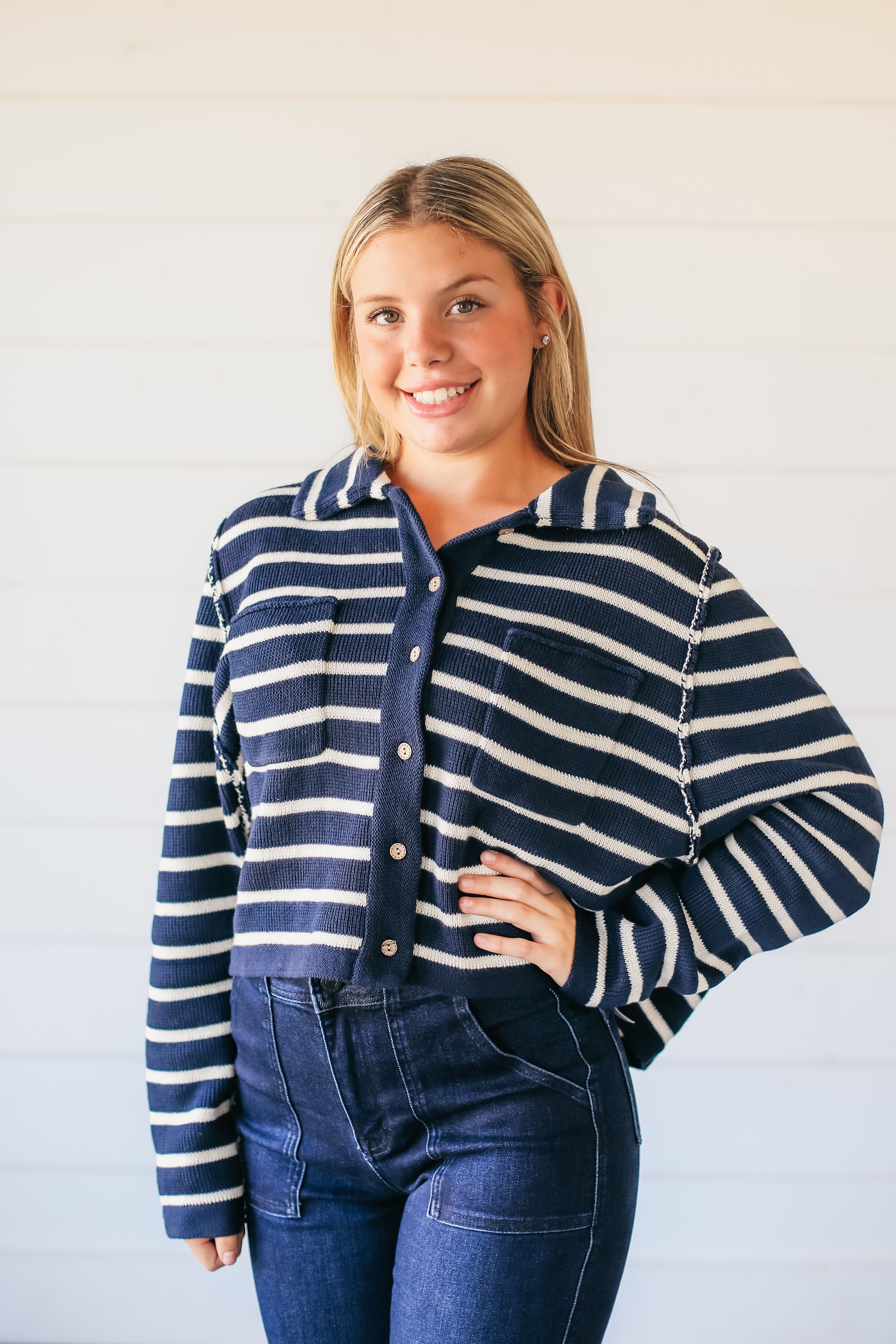 NAVY COLLARED STRIPED BUTTON DOWN SWEATER - Tops