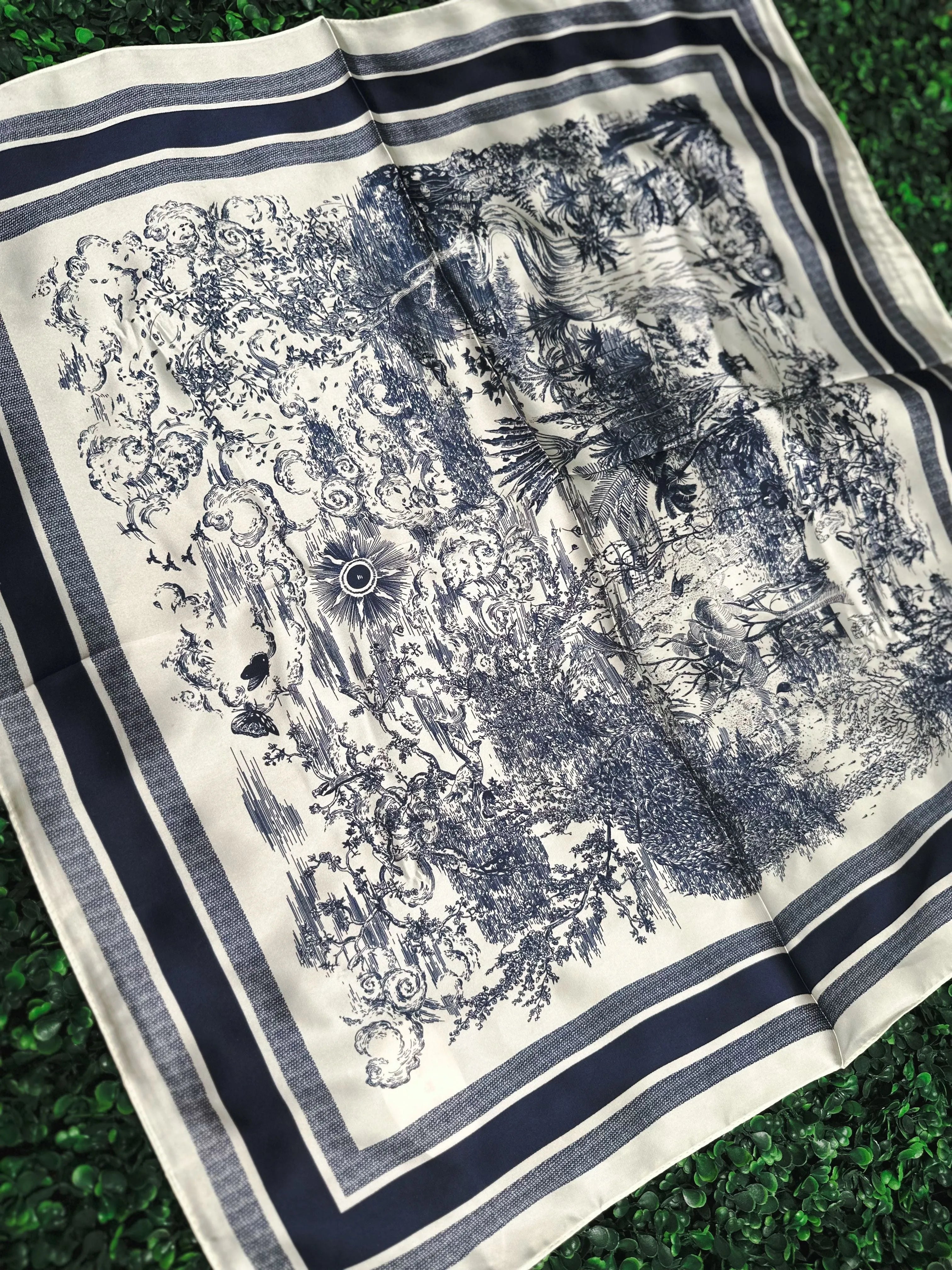 Navy and white toile print silk neck scarf with a detailed landscape scene and striped border.