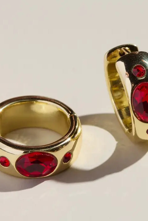 NICKEL & SUEDE RED WIDE CZ BEZEL HOOP EARRINGS - Earrings