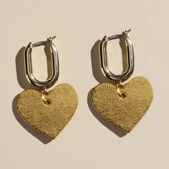Nickel & Suede gold vintage Quinn heart earrings with textured surfaces and oval hoops.