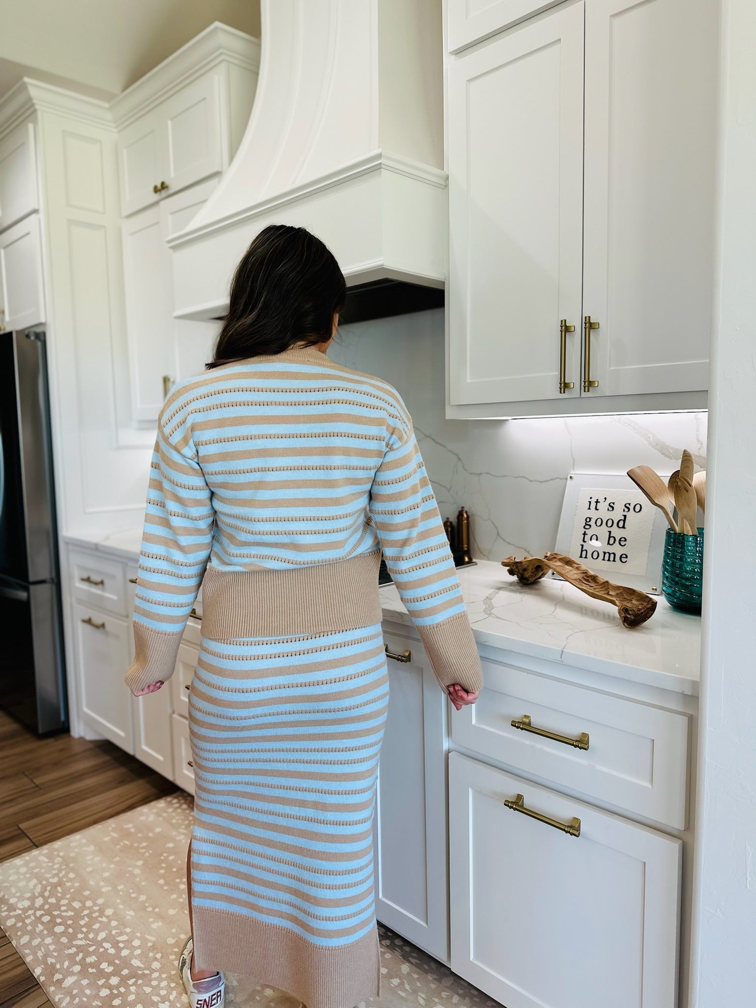 CREAM AND BLUE POINTELLE STRIPED SWEATER & MIDI SET - SET