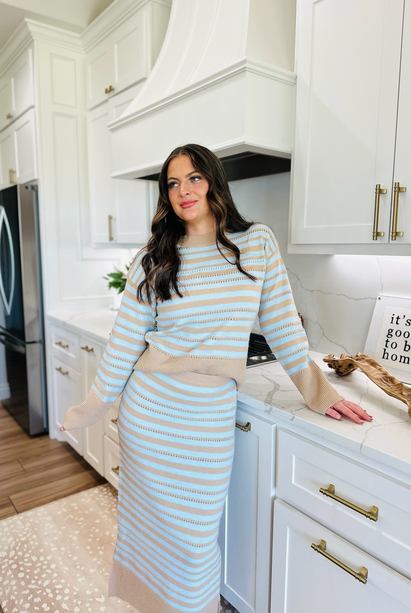 CREAM AND BLUE POINTELLE STRIPED SWEATER & MIDI SET - SET
