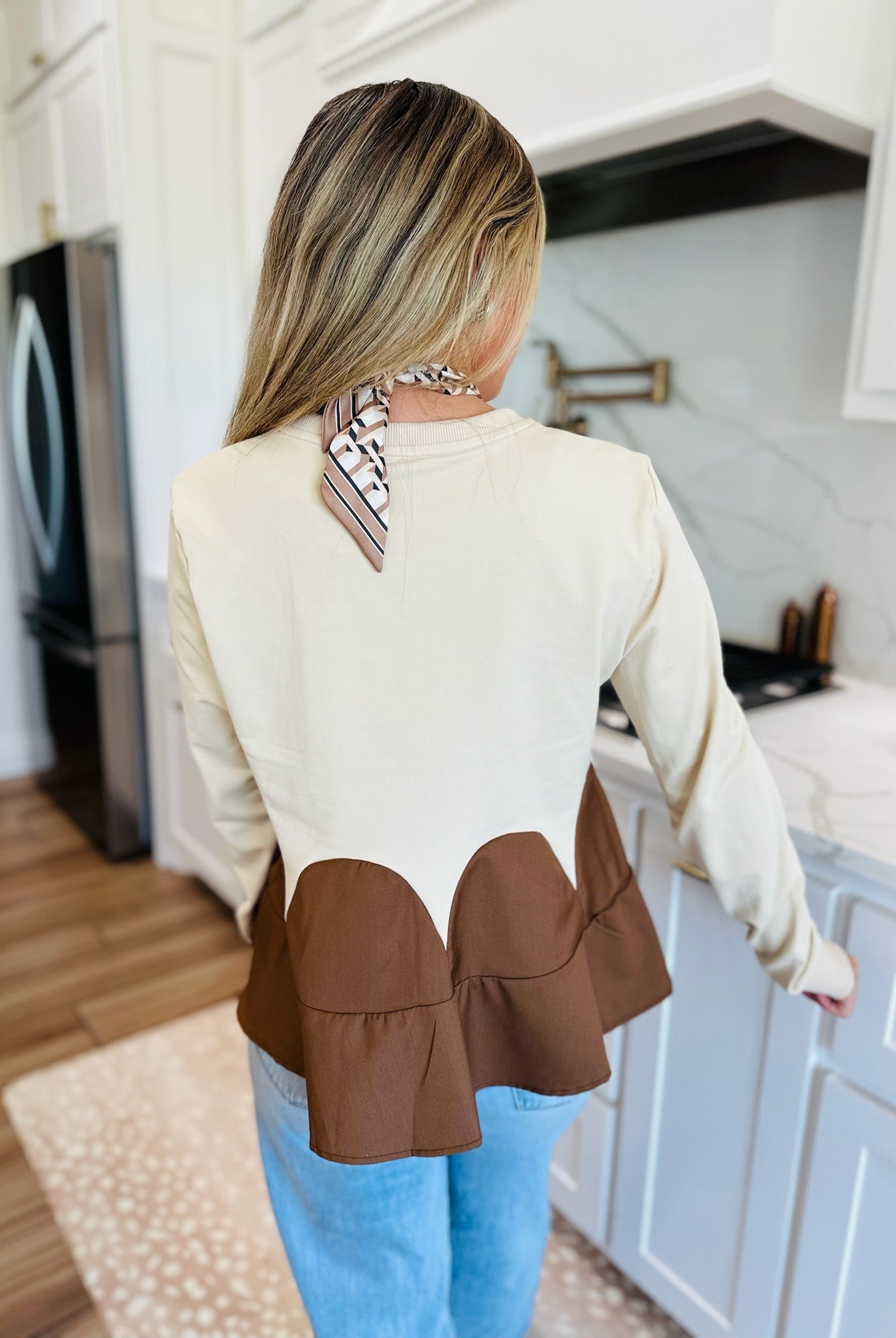 OATMEAL AND BROWN MIXED MEDIA KNIT TOP- PERFECT FALL STATEMENT PIECE - Tops