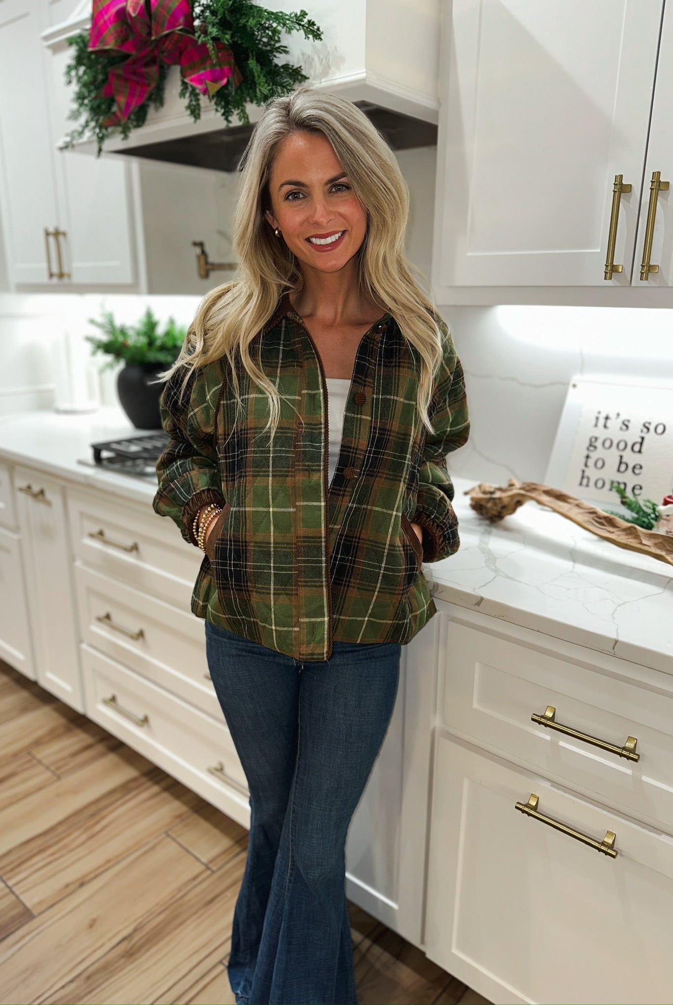 &MERCI OLIVE MULTI PLAID QUILTED PUFFER JACKET - Tops