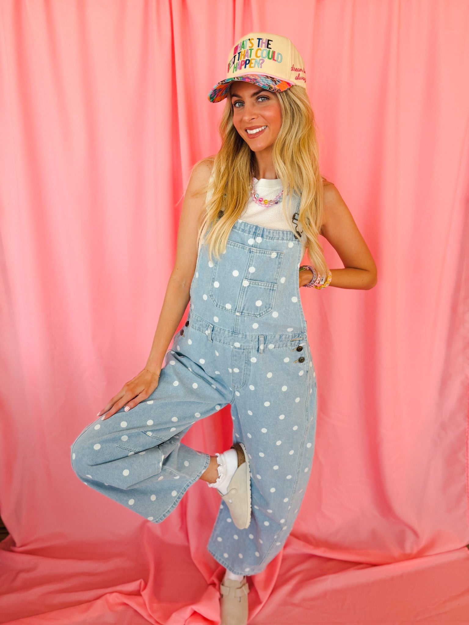 Peach Love Polka Dot Barrel Overalls - Romper