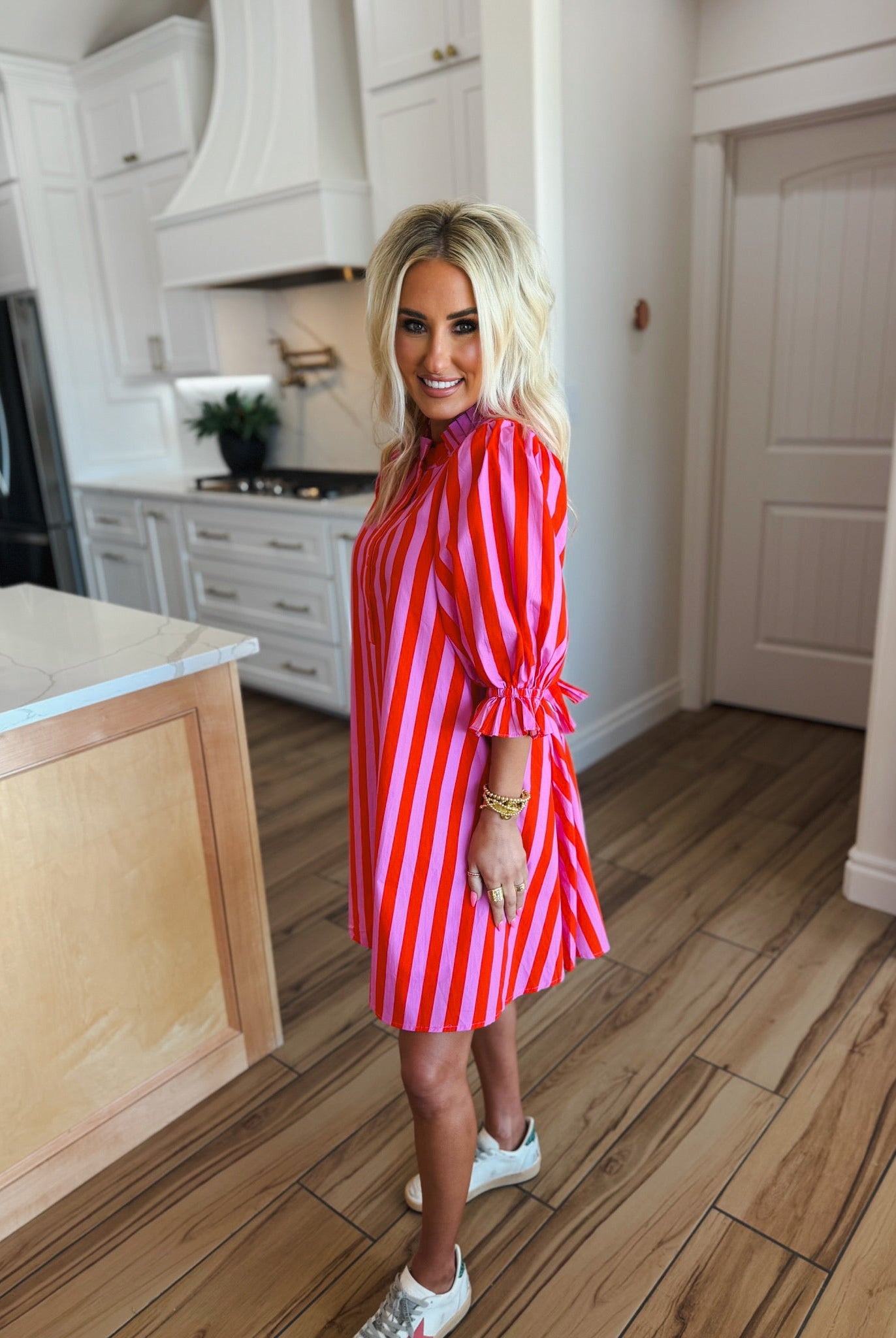 Pink and Red Striped Ruffle Neck Cotton Dress