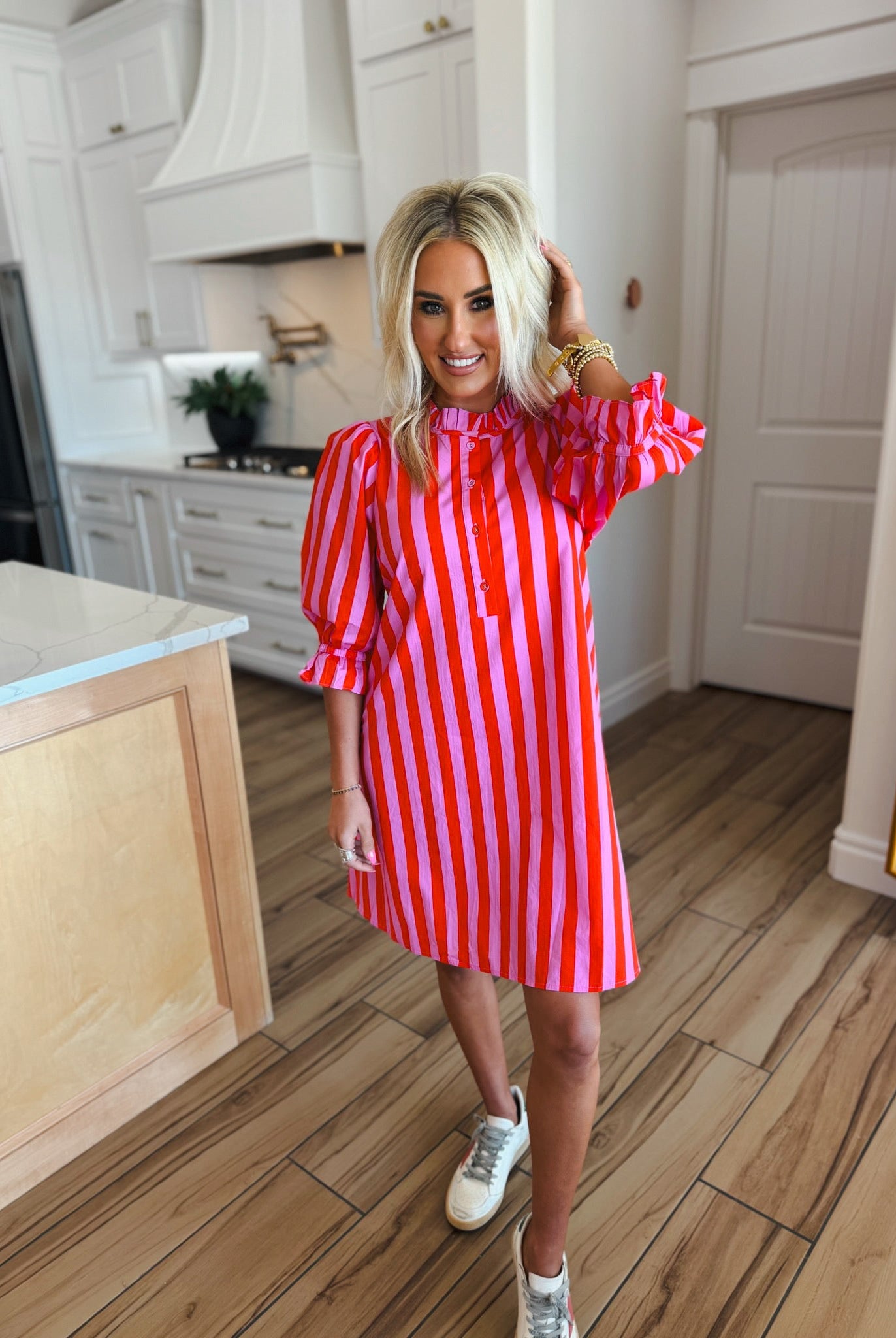 Pink and Red Striped Ruffle Neck Cotton Dress