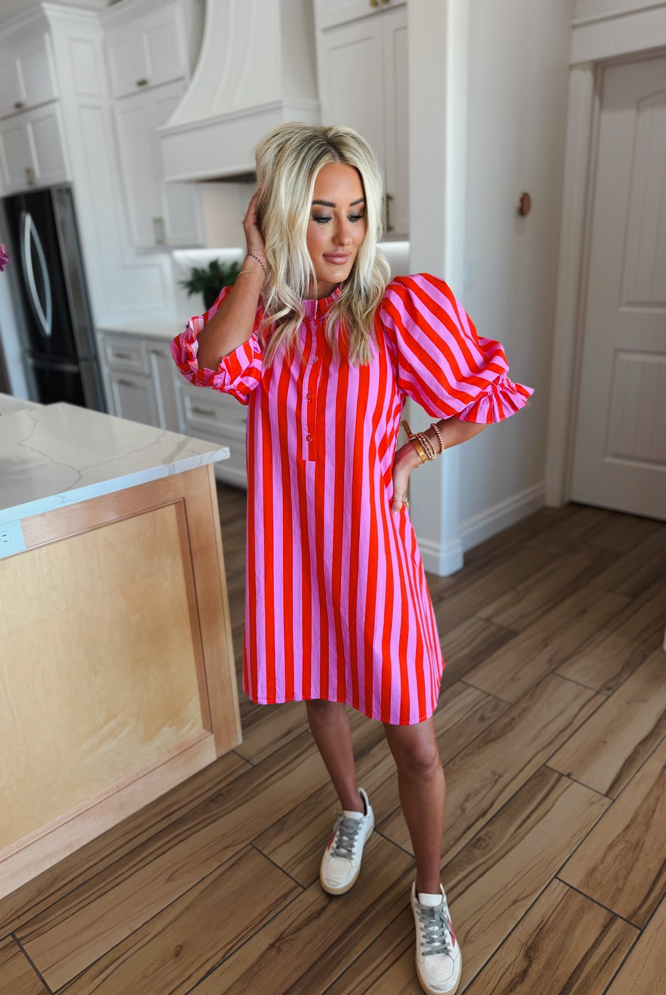 Pink and Red Striped Ruffle Neck Cotton Dress