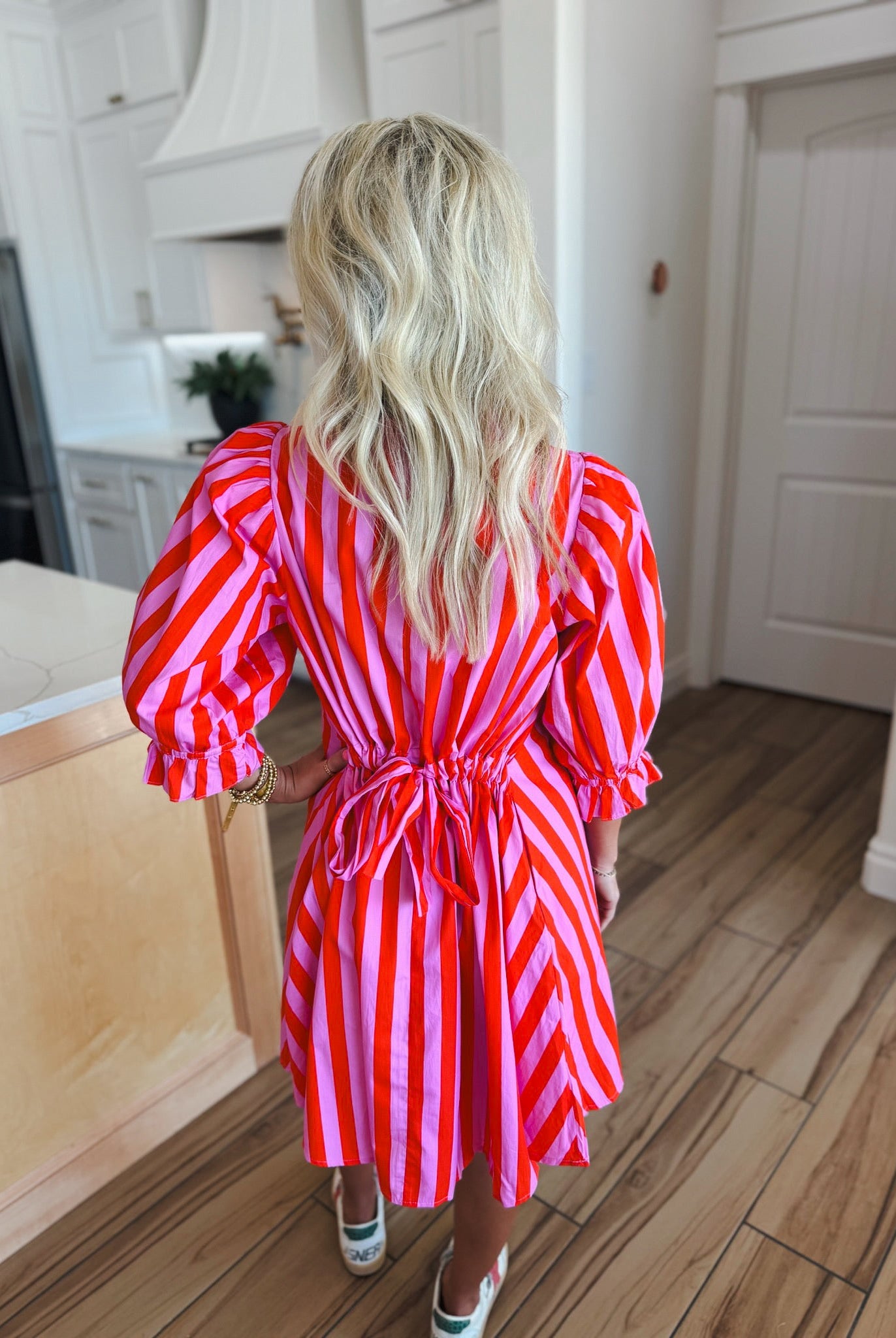 Pink and Red Striped Ruffle Neck Cotton Dress