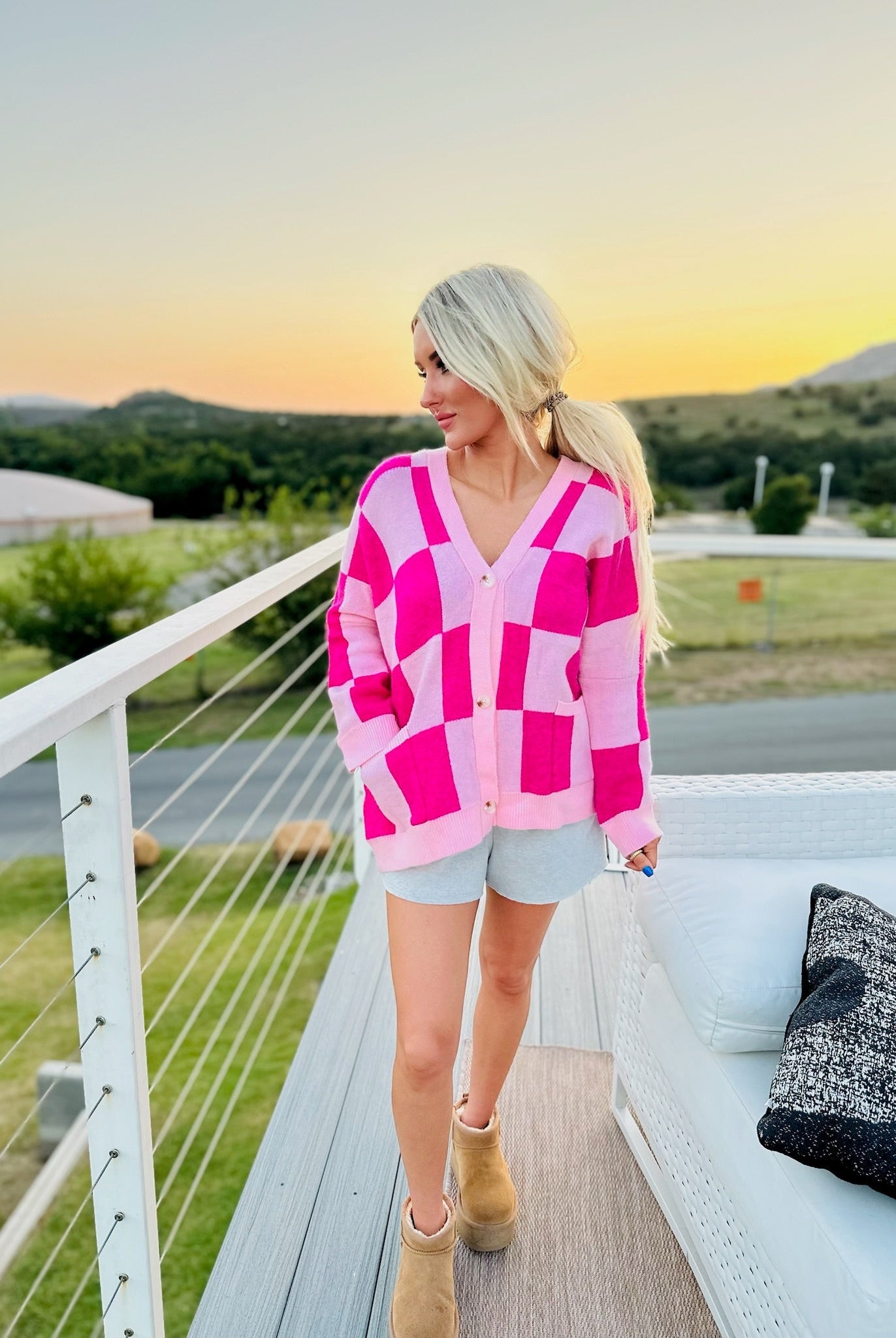 HOT PINK AND LIGHT PINK OVERSIZED CHECKER CARDIGAN
