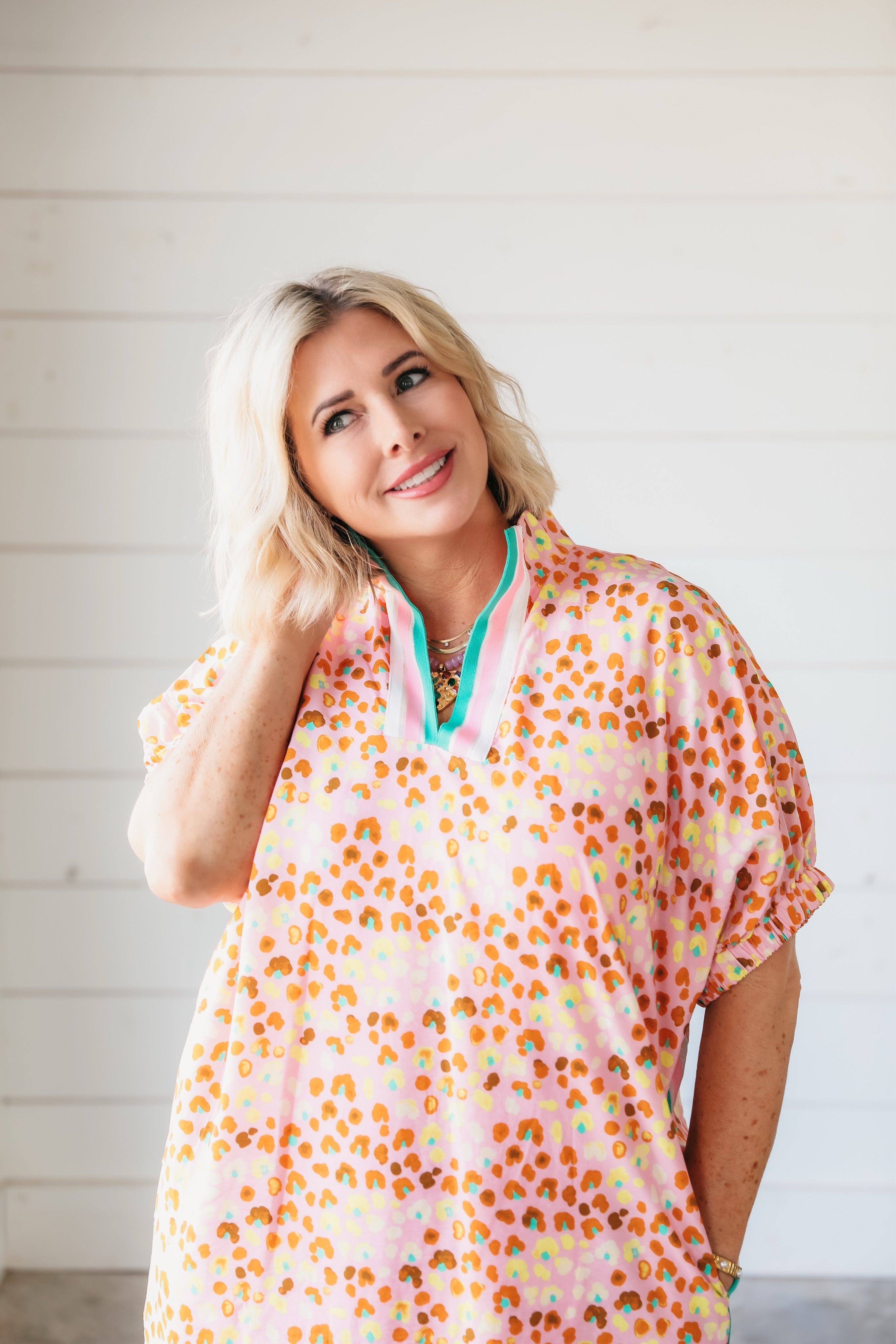 Pink Leopard Midi Dress with Contrast V Neck Collar - Dress