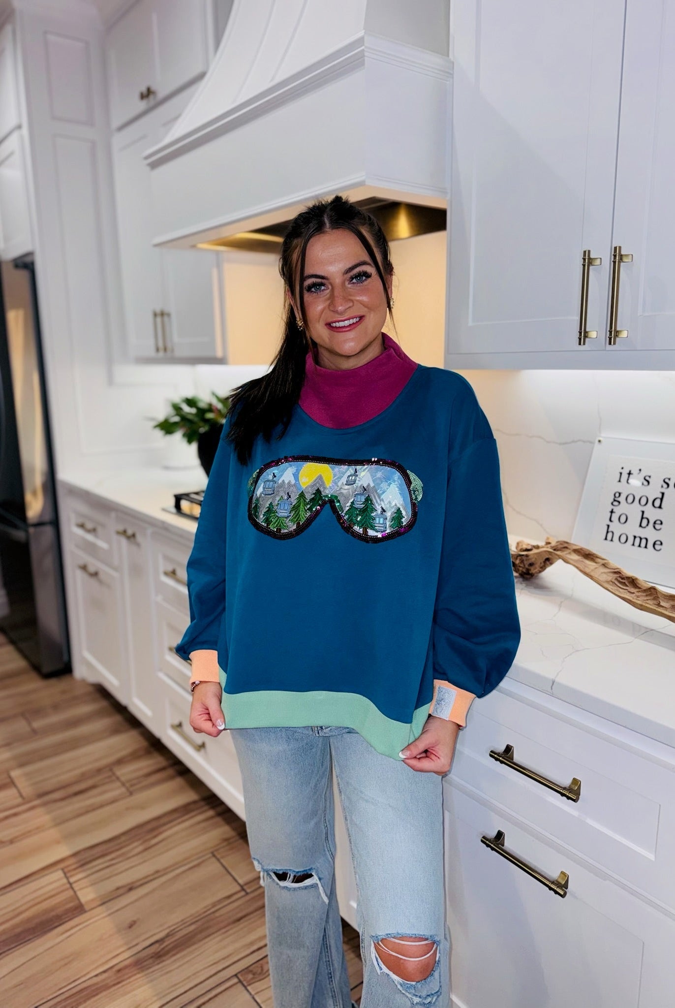 QUEEN OF SPARKLES COLORBLOCK SKI GOGGLE REFLECTION MOCK NECK SWEATSHIRT - Tops