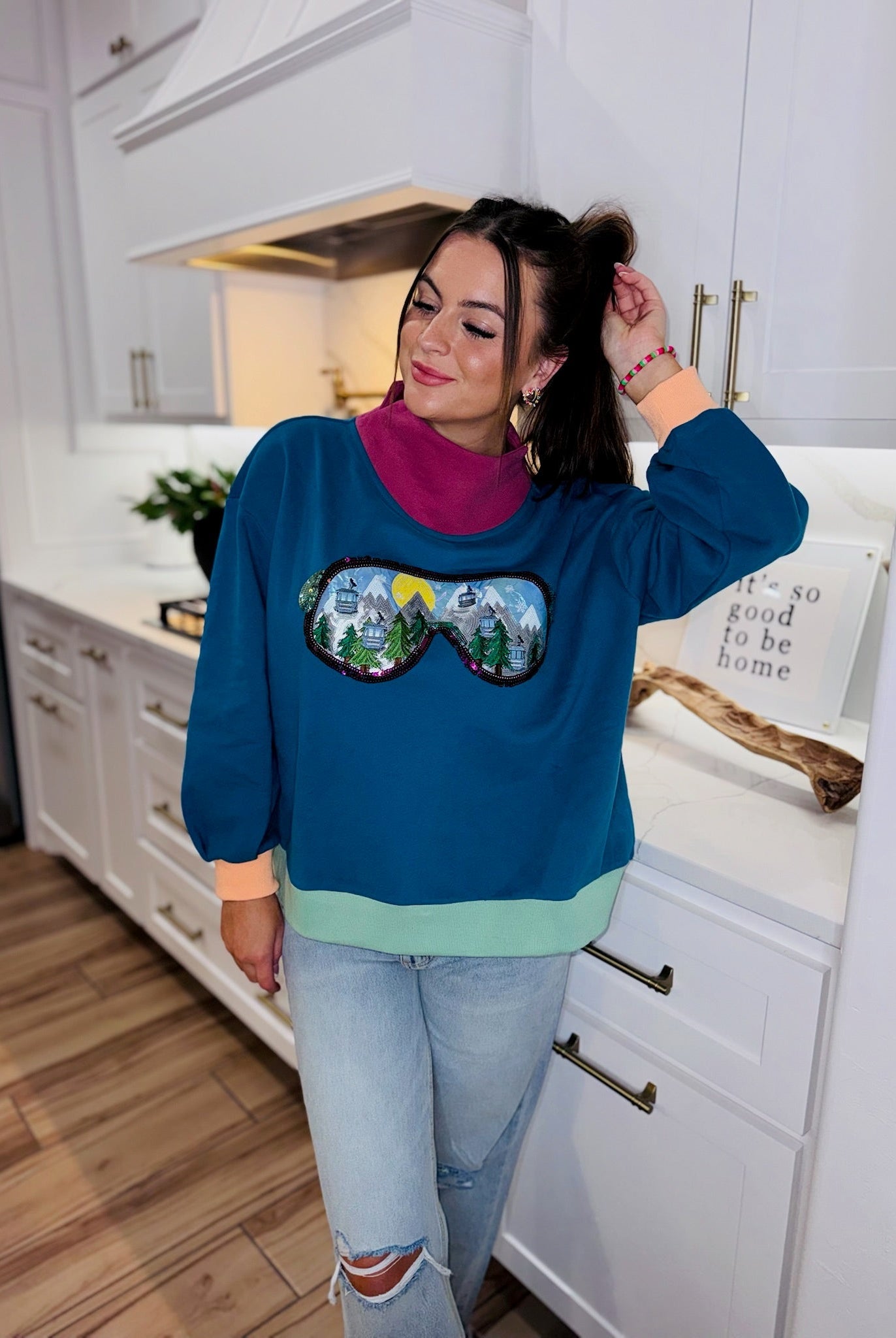 QUEEN OF SPARKLES COLORBLOCK SKI GOGGLE REFLECTION MOCK NECK SWEATSHIRT - Tops