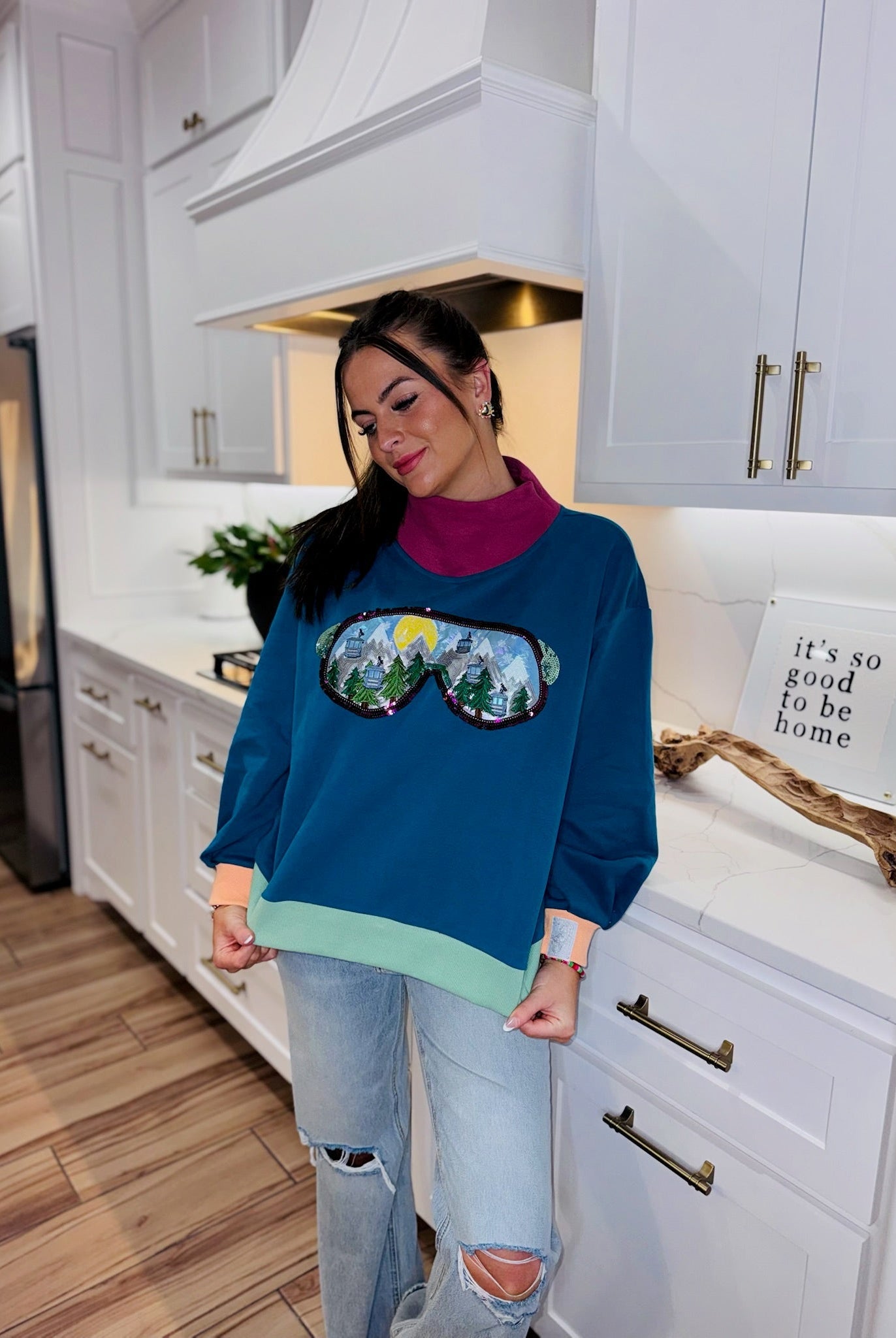 QUEEN OF SPARKLES COLORBLOCK SKI GOGGLE REFLECTION MOCK NECK SWEATSHIRT - Tops