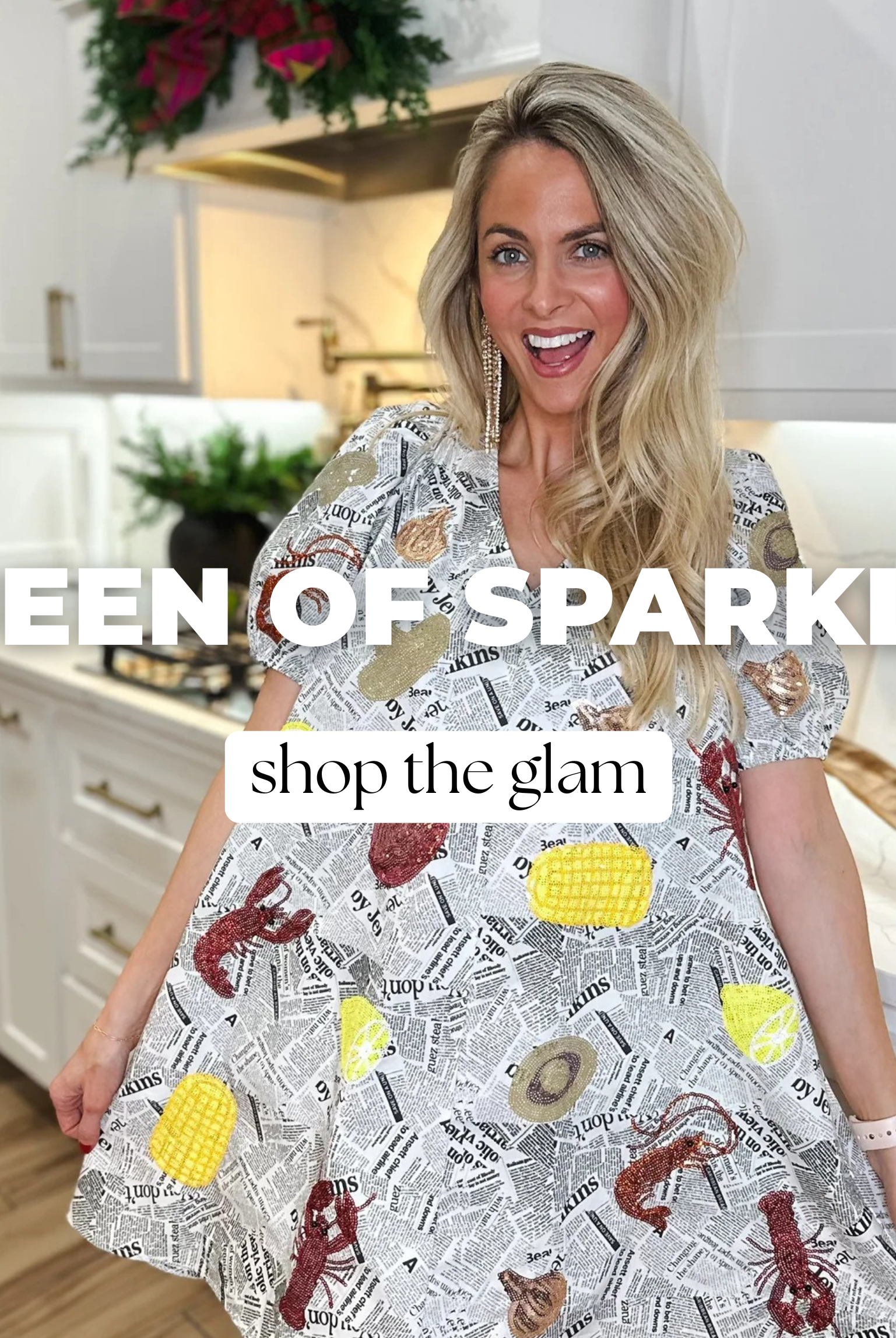 QUEEN OF SPARKLES BLACK AND WHITE SEAFOOD ON NEWSPAPER DRESS - Dress