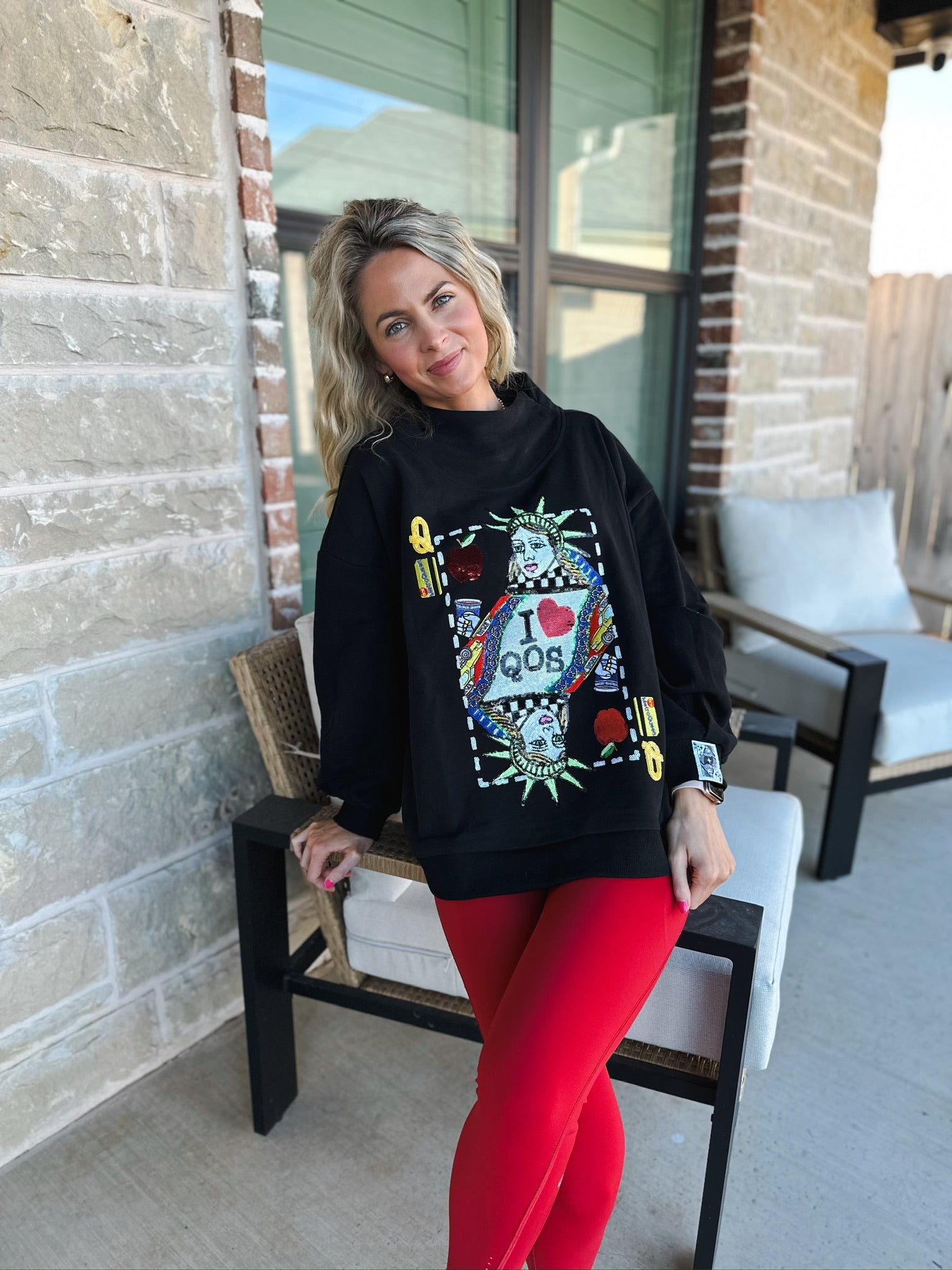 QUEEN OF SPARKLES BLACK NYC QUEEN CARD MOCK NECK SWEATSHIRT - Tops