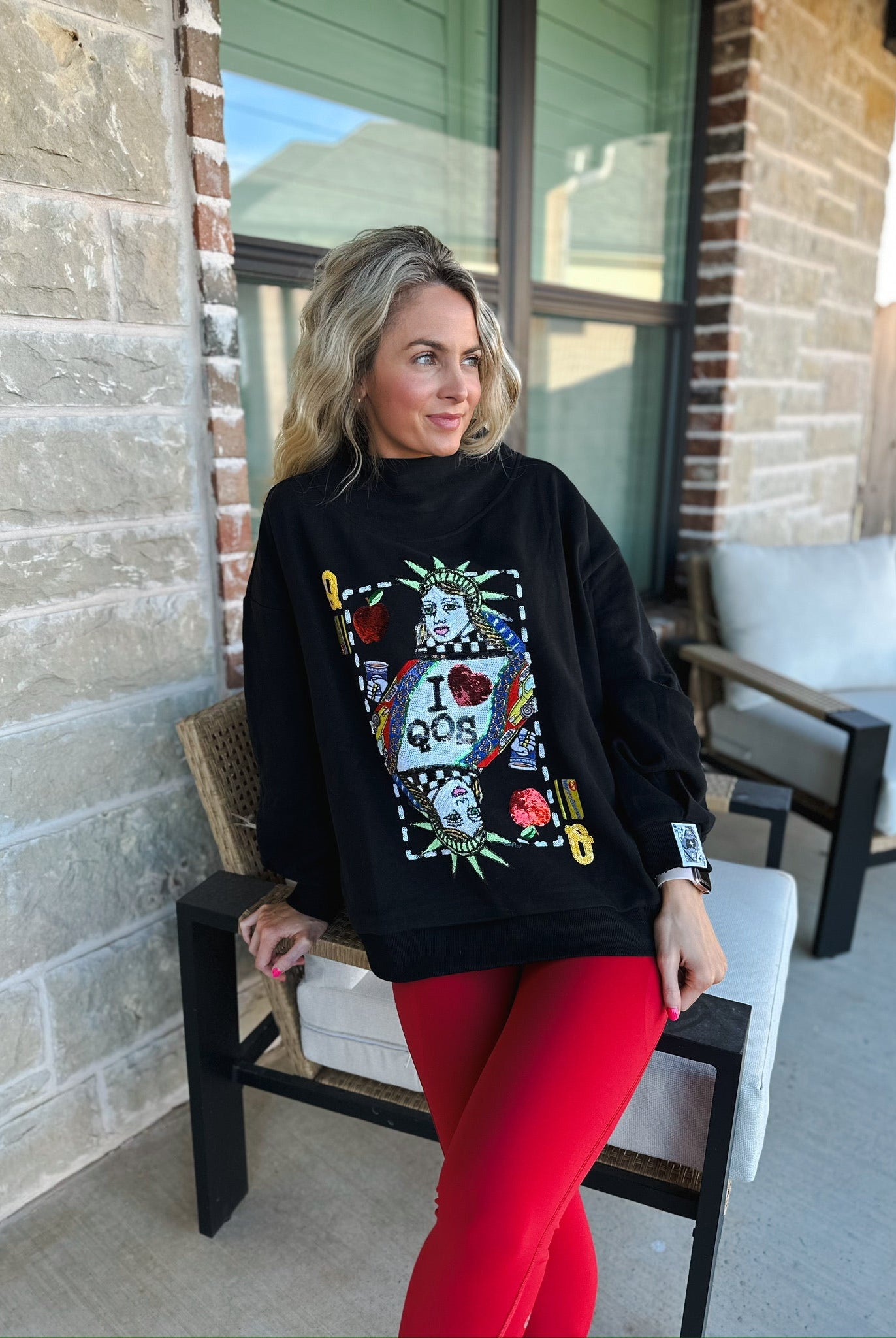 QUEEN OF SPARKLES BLACK NYC QUEEN CARD MOCK NECK SWEATSHIRT - Tops